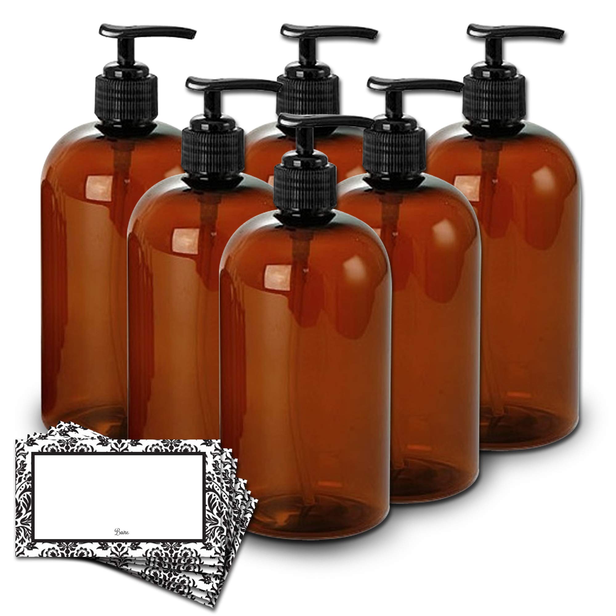 Baire Bottles8 oz Empty Refillable Plastic Bottles with Pump - Soap, Shower, Lotion, Massage Oil, Travel - 6 Pack, Waterproof Labels, PET BPA Free, USA (Amber/Brown with Black Pumps, Damask Labels)