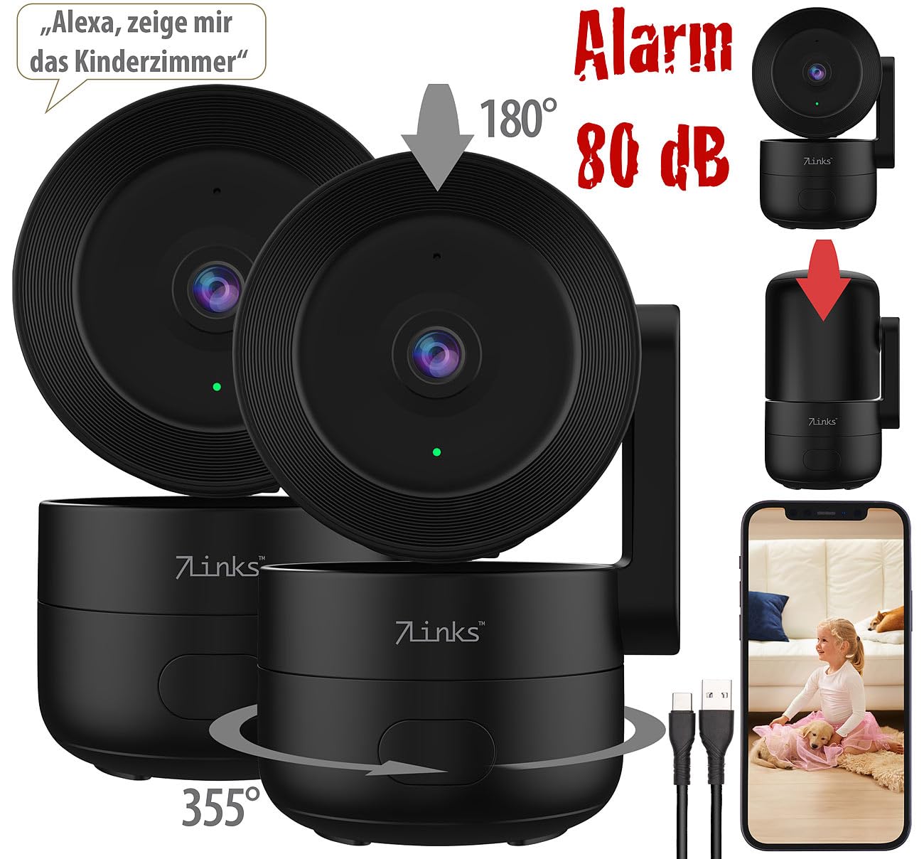7links telecamera WLAN interna: Telecamera di sorveglianza Wi-Fi IP, Funzione Pan/Tilt, risoluzione 2K (di sorveglianza Elesion, orientabile)