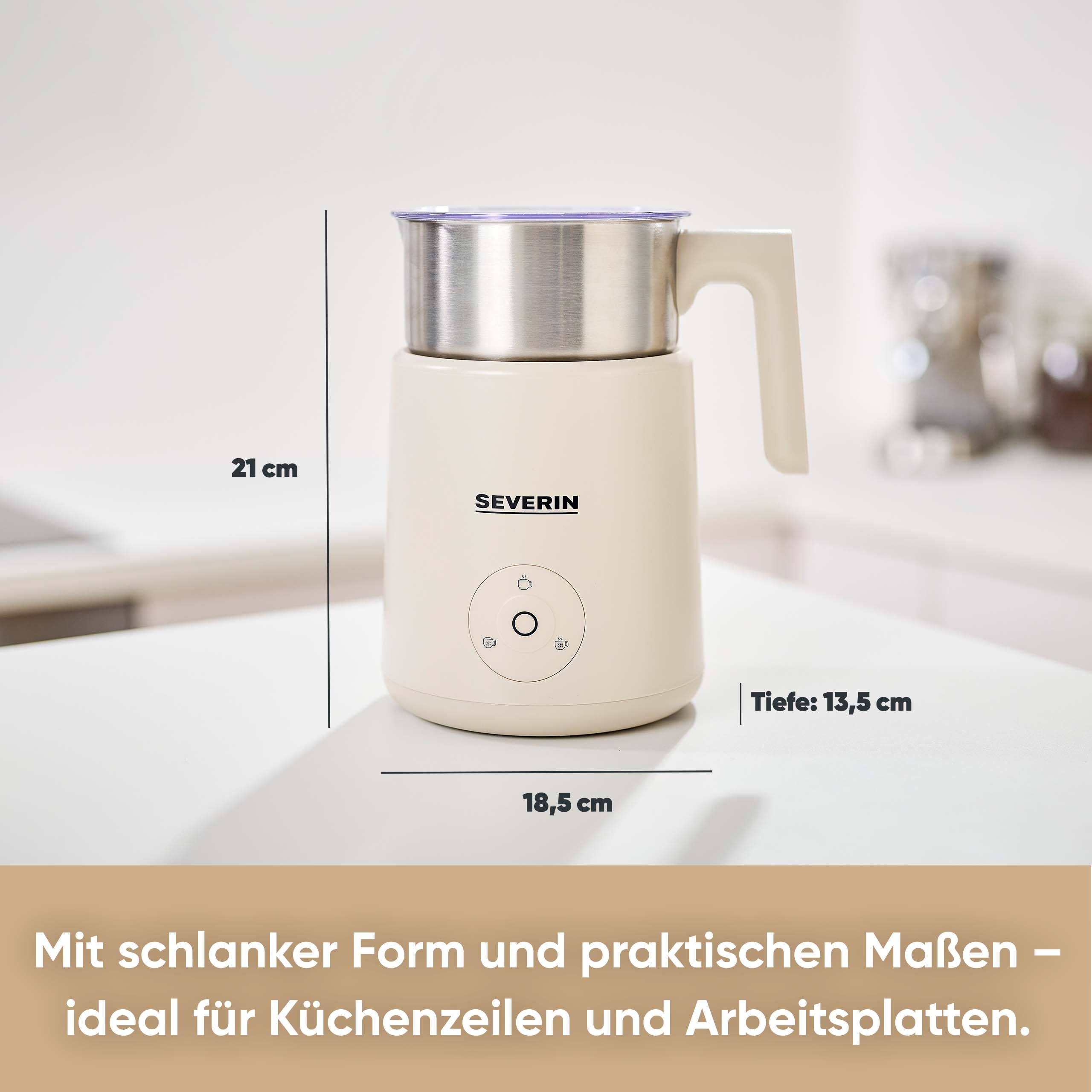 Severin Design Induktions-Milchaufschäumer, elektrischer Milchschäumer mit Edelstahlbehälter, kaltes und warmes Aufschäumen, Schokoladen-Funktion, geeignet für vegane Milch, Aesthetic, beige, SM 3589