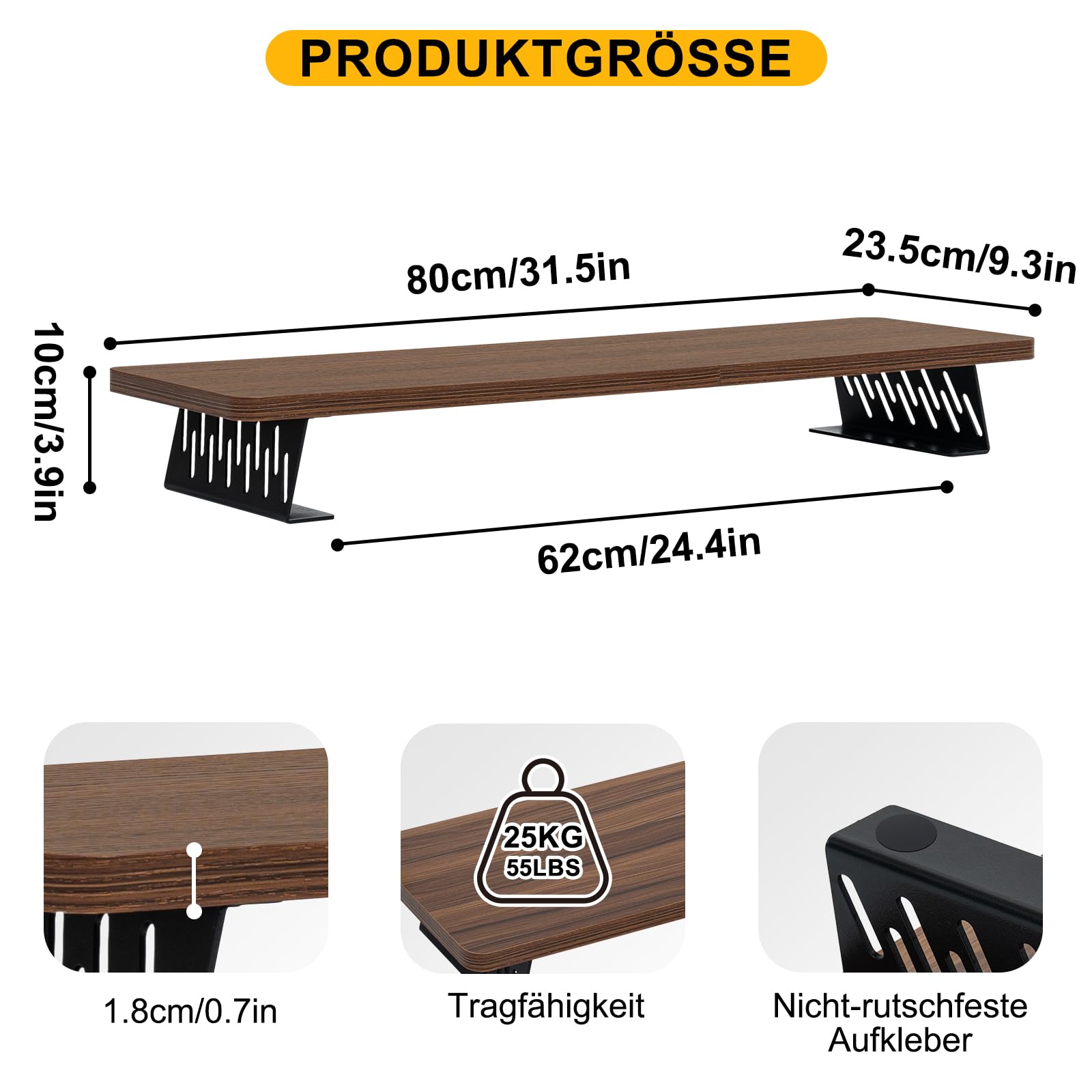 Monitorständer Holz 80cm mit Metallfüße, Braun, für Laptop PC TV