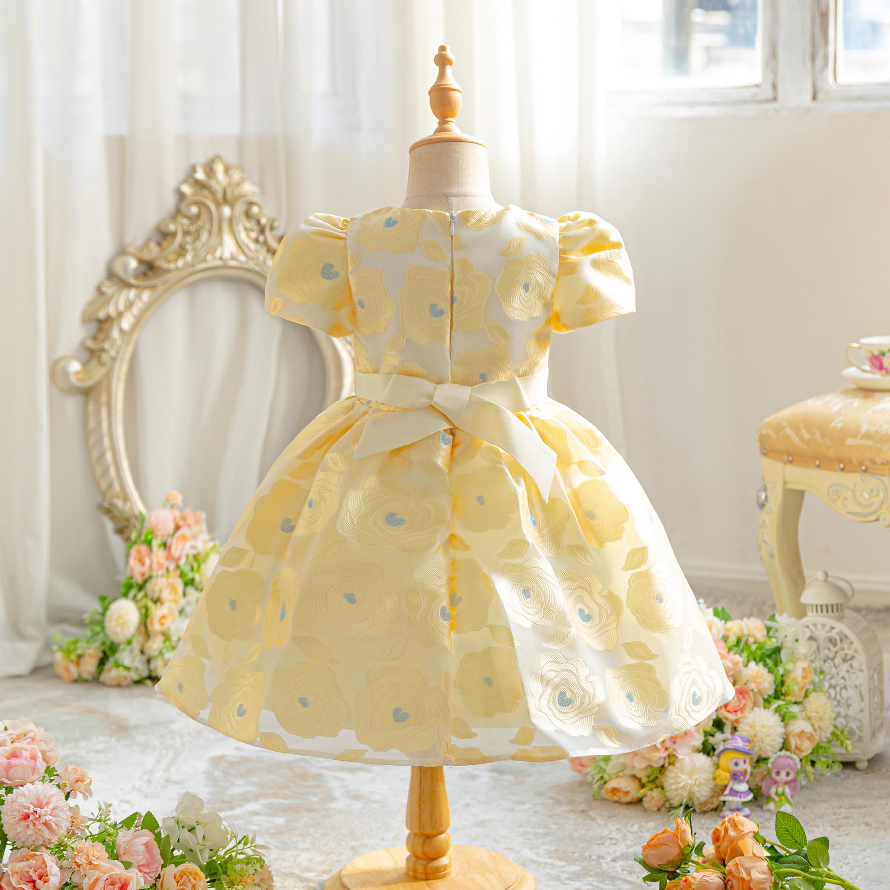 Niñas Vestidos Niños Manga Corta Princesa Vestidos Niños Flor Jacquard Tela Vestidos Elegante Vestido