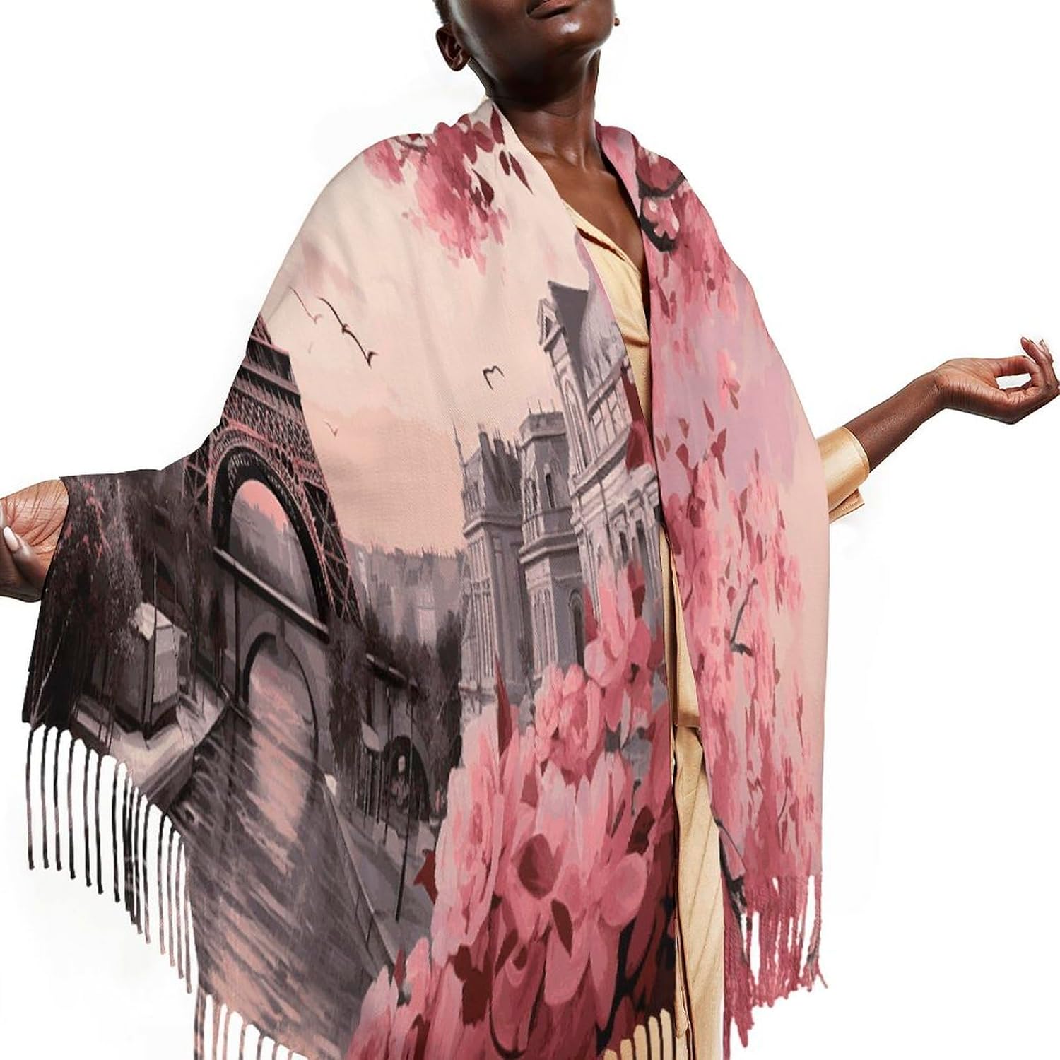 Romantic Paris Tower Winter Scarf for Women Soft Tassel Scarves Oversized Wraps Long Shawl Cold Weather Thick Blanket Scarfs