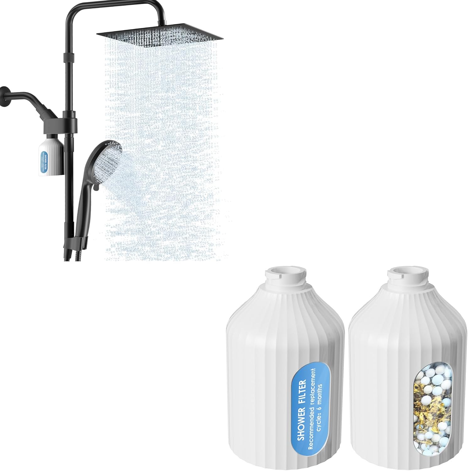 MIAOHUI Filter Rain Shower Head with 7 Settings Handheld Spray (Black) & MIAOHUI 2 Packs 8-stage Shower Filter Replacement Cartridge