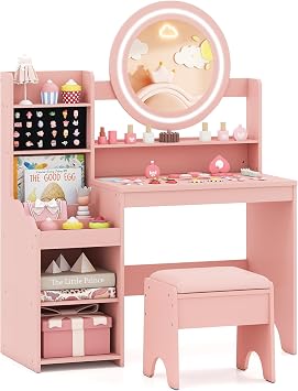 COSTWAY Kids Dressing Table with Lighted Mirror Pink, With Upholstered Stool