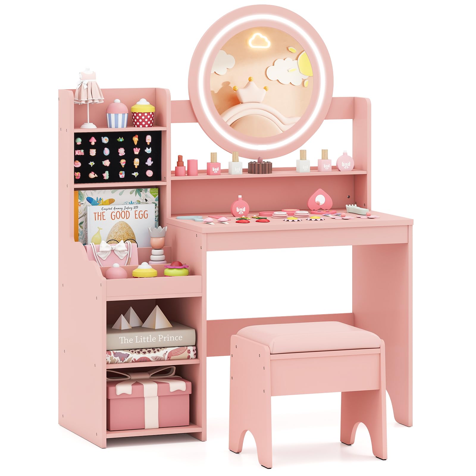 COSTWAY Kinder Schminktisch mit Beleuchtung, Kinderschminktisch mit Spiegel, Regalen & gepolstertem Hocker, Prinzessin Frisiertisch aus Holz, Schminkkommode für Mädchen ab 3 Jahren (Rosa)