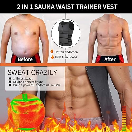 Miniatura 9 de MISS MOLY Chaleco de entrenamiento de cintura de sauna para hombre, chaleco para sudar con cinturón recortador, camiseta sin mangas de