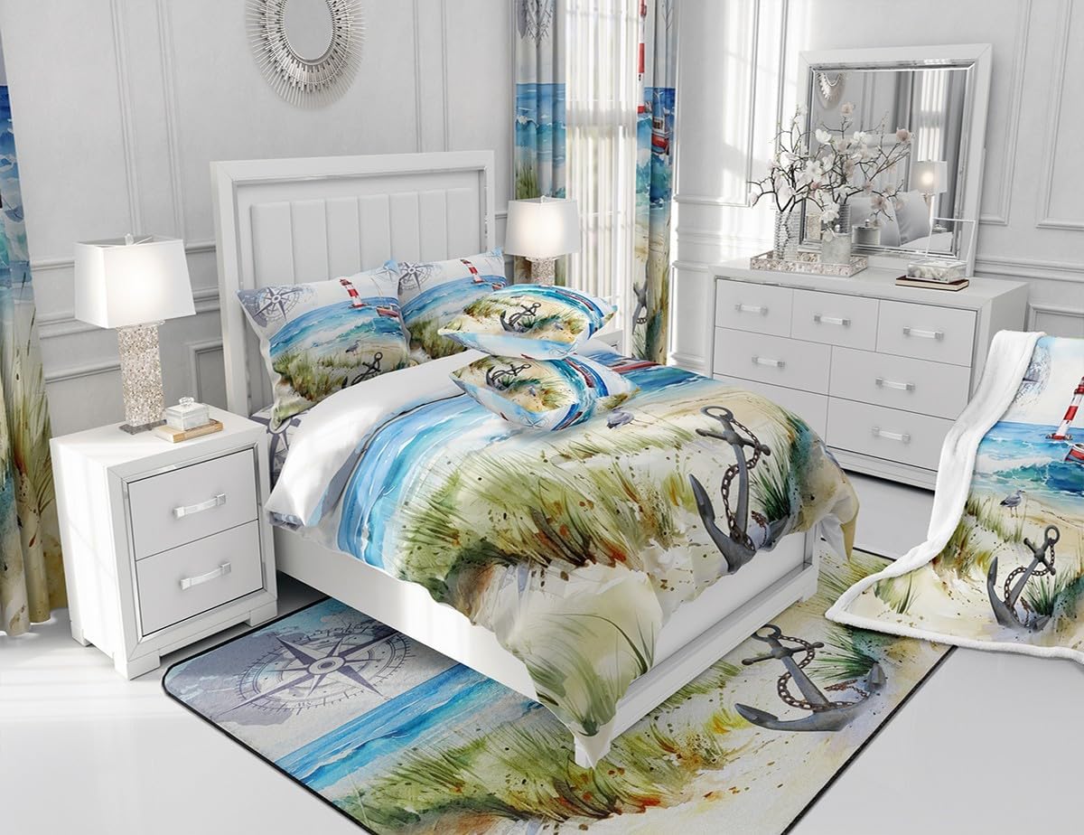 Ocean Beach Bedding Set Twin Size Lighthouse Sailboat Anchor Duvet Cover Set for Kids Boys Teens Bedroom Decor,Sea Adventure Comforter Cover Waterproof Coastal View Quilt Cover,1 Pillowcase