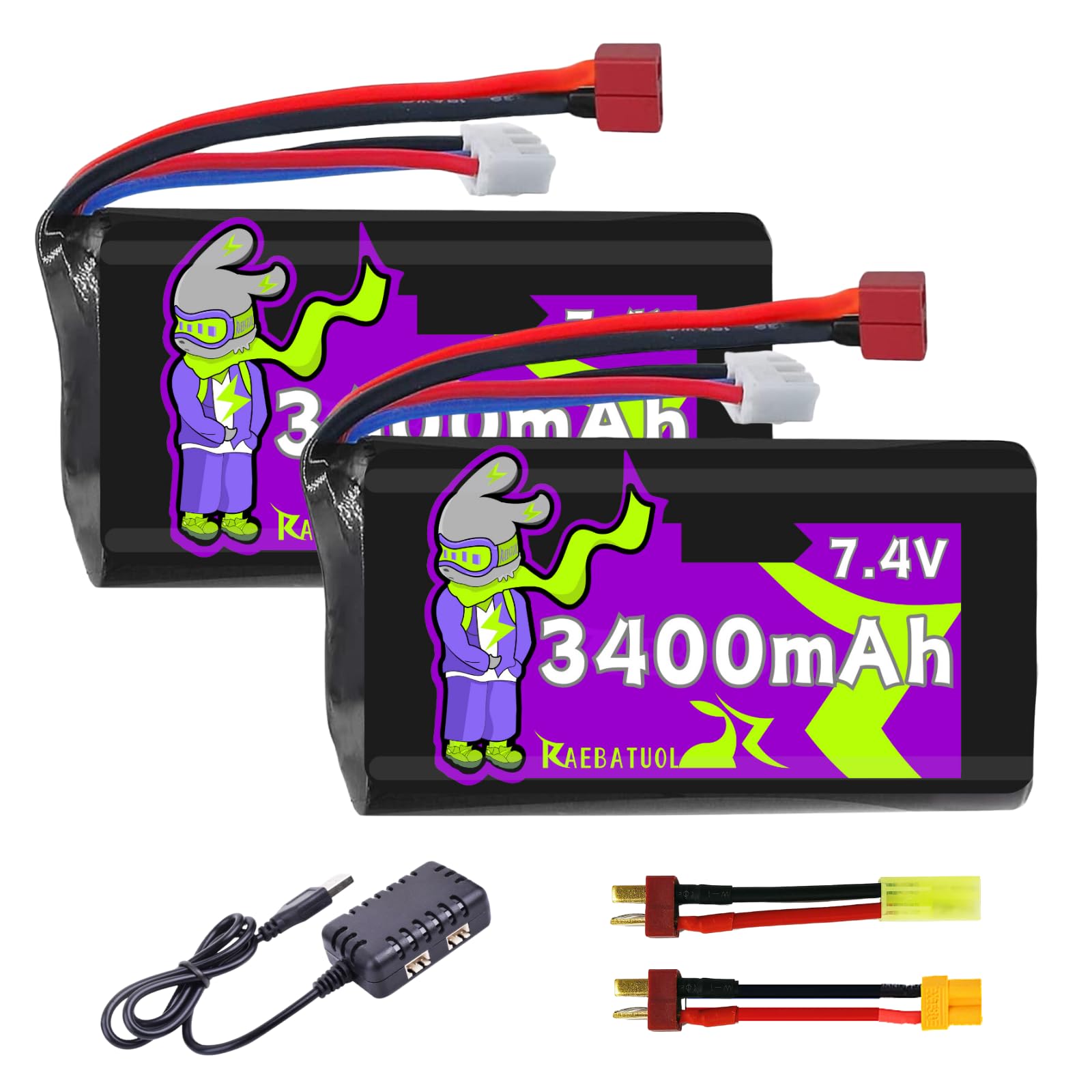 3400mAh 7.4V Li-ion Battery with Dean-Style T/XT30/MINI Tamiya Plug,2S Rechargeable High Capacity RC Batteries Fit for WLtoys 4WD Speed RC Cars Most 1/10, 1/12, 1/16 Scale RC Trucks