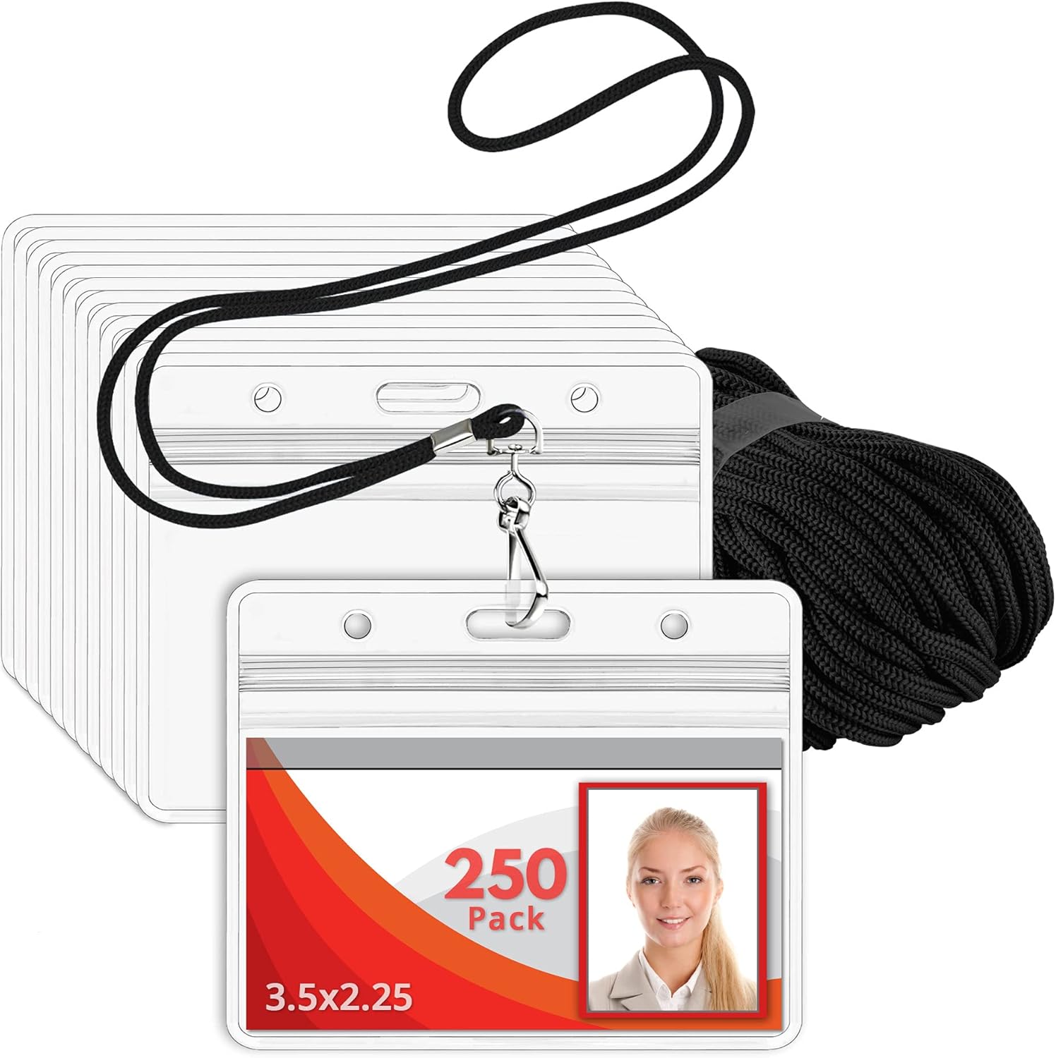 MIFFLIN Lanyard (Black, 3.5x2.25 inch, 250 Pack) with Clear Plastic Horizontal ID Badge Holder, Heavy Duty Name Pouch with Soft, Woven, Neck Lanyards 250 Black