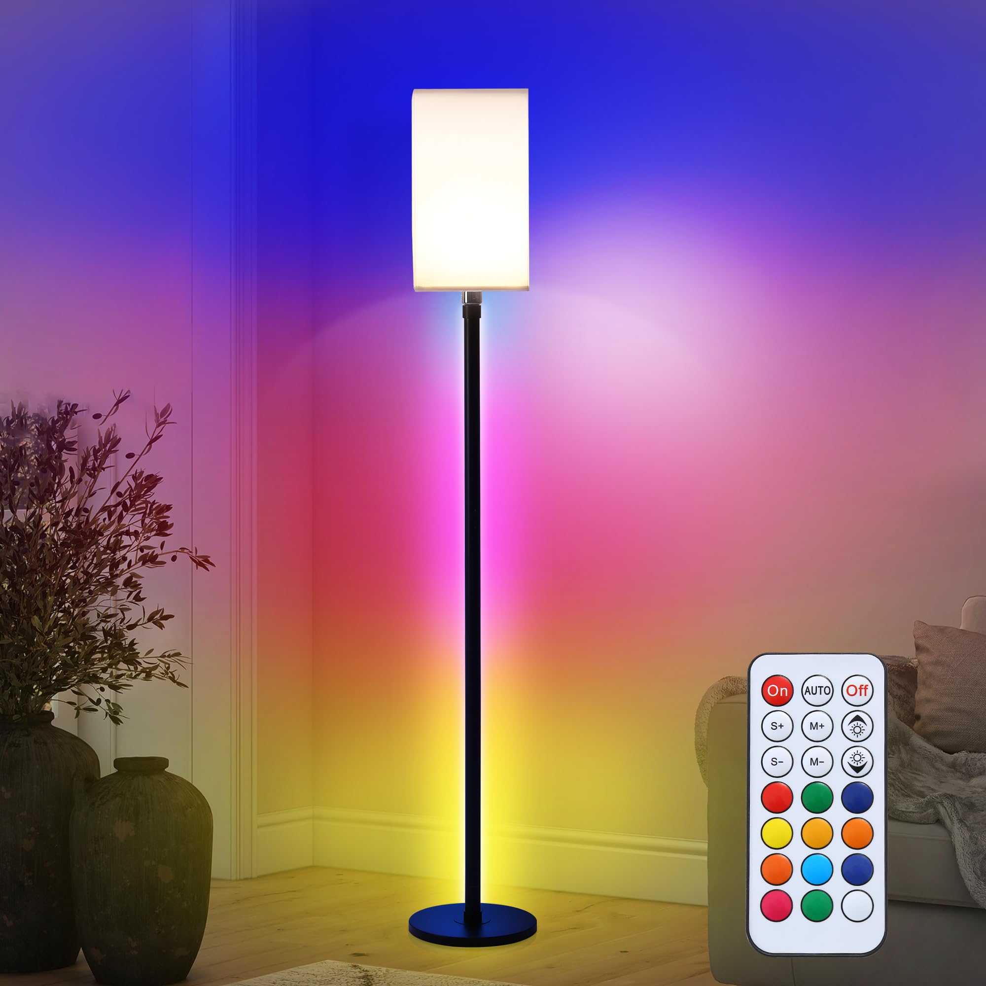 2 in 1 RGB Corner Floor Lamp, Remote Control, 60" LED Modern Floor Stand Lights, 366 Dimmable Dynamic Modes, Temperature 3500-6500K, 12 Colors Changing Mood Lighting for Living Room, Bedroom