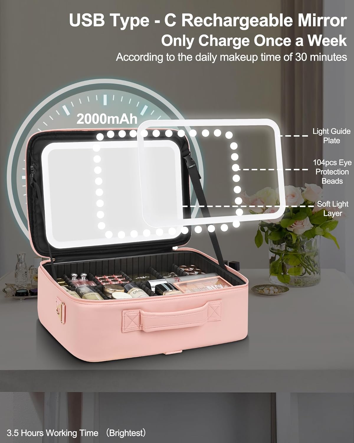 Makeup Bag with LED Mirror, 16.2 inches Lar Profal Makeup