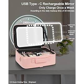 Relavel Makeup Bag with LED Mirror, 16.2 inches Large Professional Makeup Case for Makeup Artists, Travel Portable Cosmetic Organizer Storage Box, Vanity Case with 3 Colors Lighted Mirror, Pink
