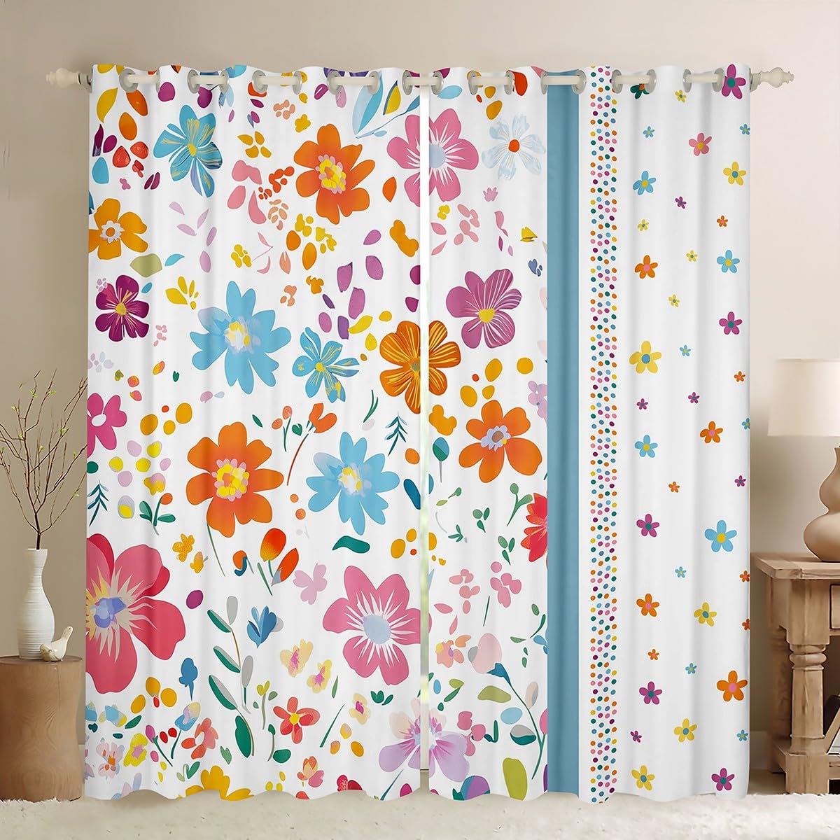 Homemissing Cartoon Floral Curtains for Bedroom Living Room Wildflower Botanical Blackout Shades Flower Room Darkening Curtain Boho Floral Window Treatments, 2 Panels W46*L72 Decor