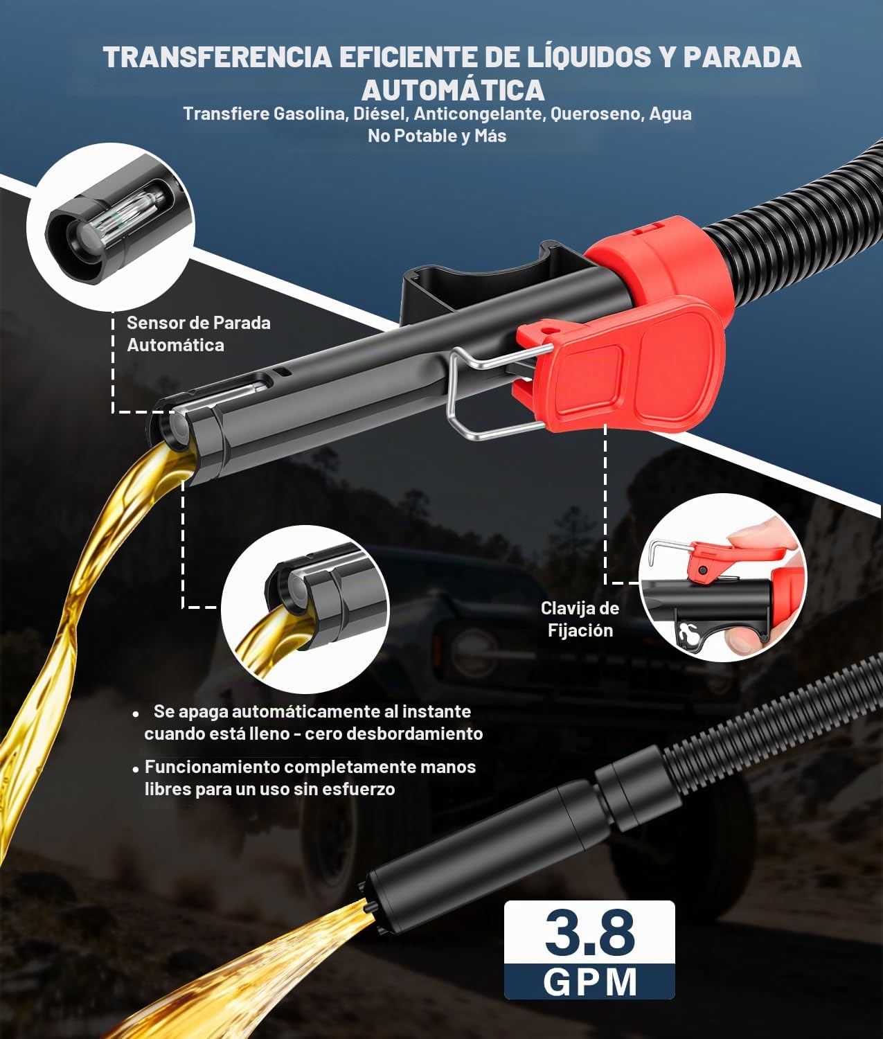 WADEO Bomba de trasiego de combustible con sensor de parada automática, bomba de combustible con 4 adaptadores para depósito y manguera de 1,3 m, bomba eléctrica para gasolina, diésel y aceite
