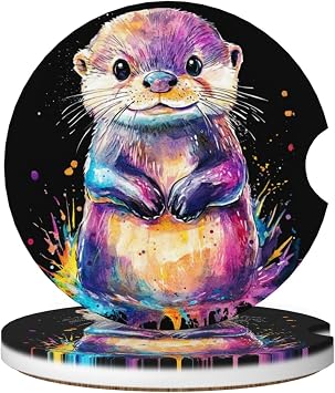 Otter Colorful Absorbent Car Coasters 2 Pack Cup Holders, 2.56" Ceramic Stone & Non-Scratch Cork Base Drink Coasters Cute Car Assecories for Women Men