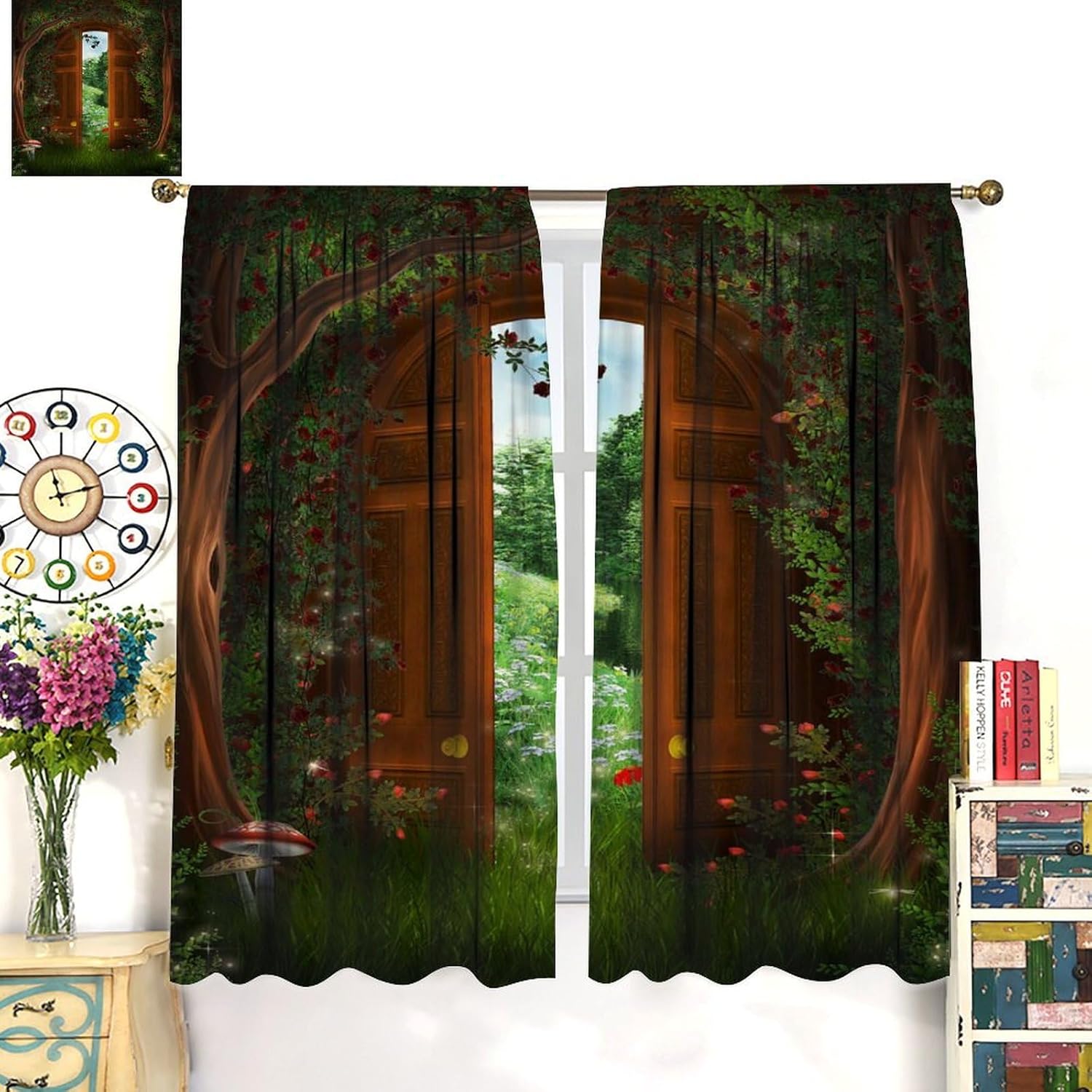 Green Forest Curtain Fantasy Garden Wooden Door Garden Tree House Fairy Tale World Natural Scenery for Kids Boy Girl Baby Bedroom Nursery Living Room Decor Drapes 2 Panels 52x96in, Style-1