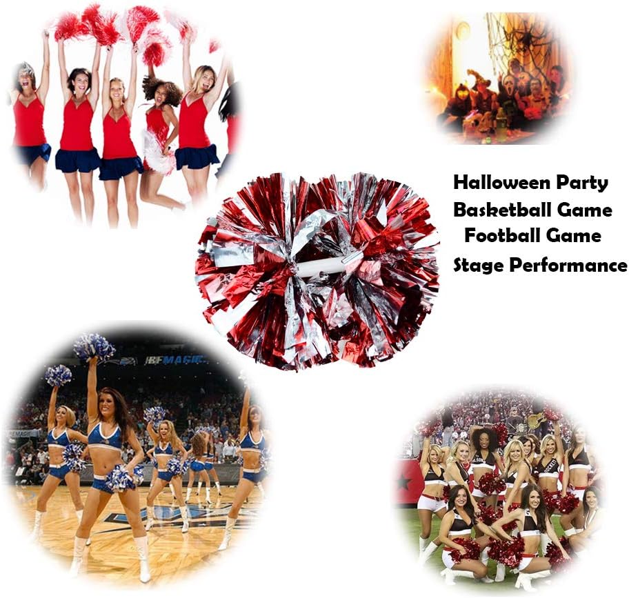Hooshing 2 Pack Pom Poms Cheerleading Red and Silver with Baton Handle for Team Spirit Sports Dance Cheering : Sports & Outdoors