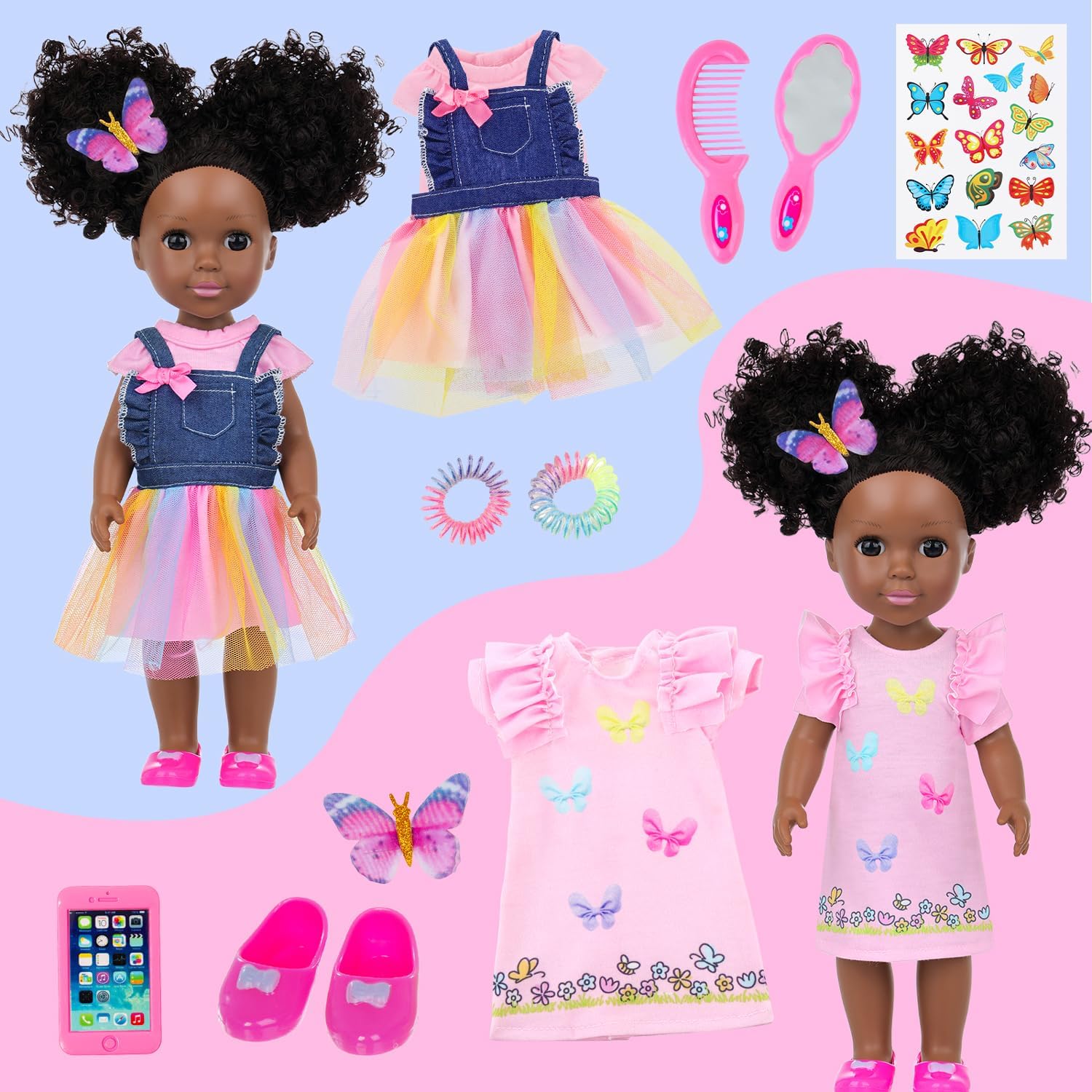 Ecore Fun 14.5 Inch Black Baby Doll with 12 Pcs Butterfly Theme Accessories - Realistic African Doll Black with Hair Clips, Comb, Mirror, Rainbow Dress, Pink T-Shirt, Phone, Stickers, Shoes