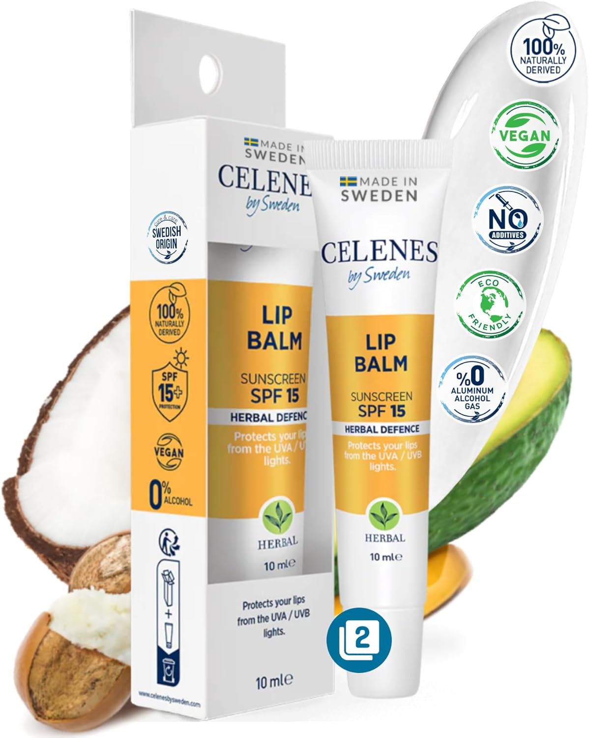 Celenes by Sweden Lippenbalsem SPF 15, Plantaardige Lippenverzorging – Set van 2 (10 ml) – Hydraterende Lippenbalsem voor Alle Huidtypes