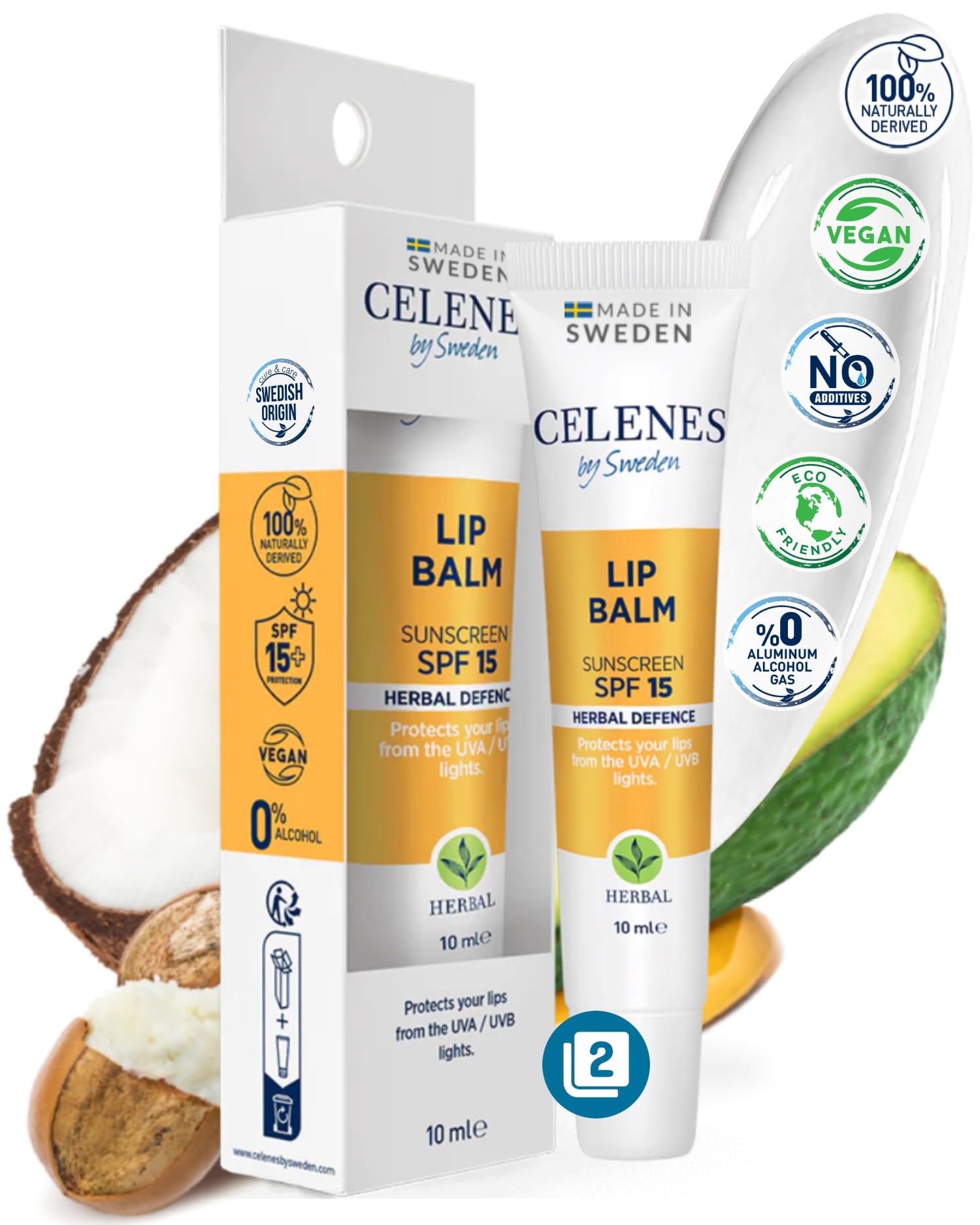 Celenes by Sweden Lip Balm with SPF 15 Sun Protection, 10ml (Pack of 2), Protective
