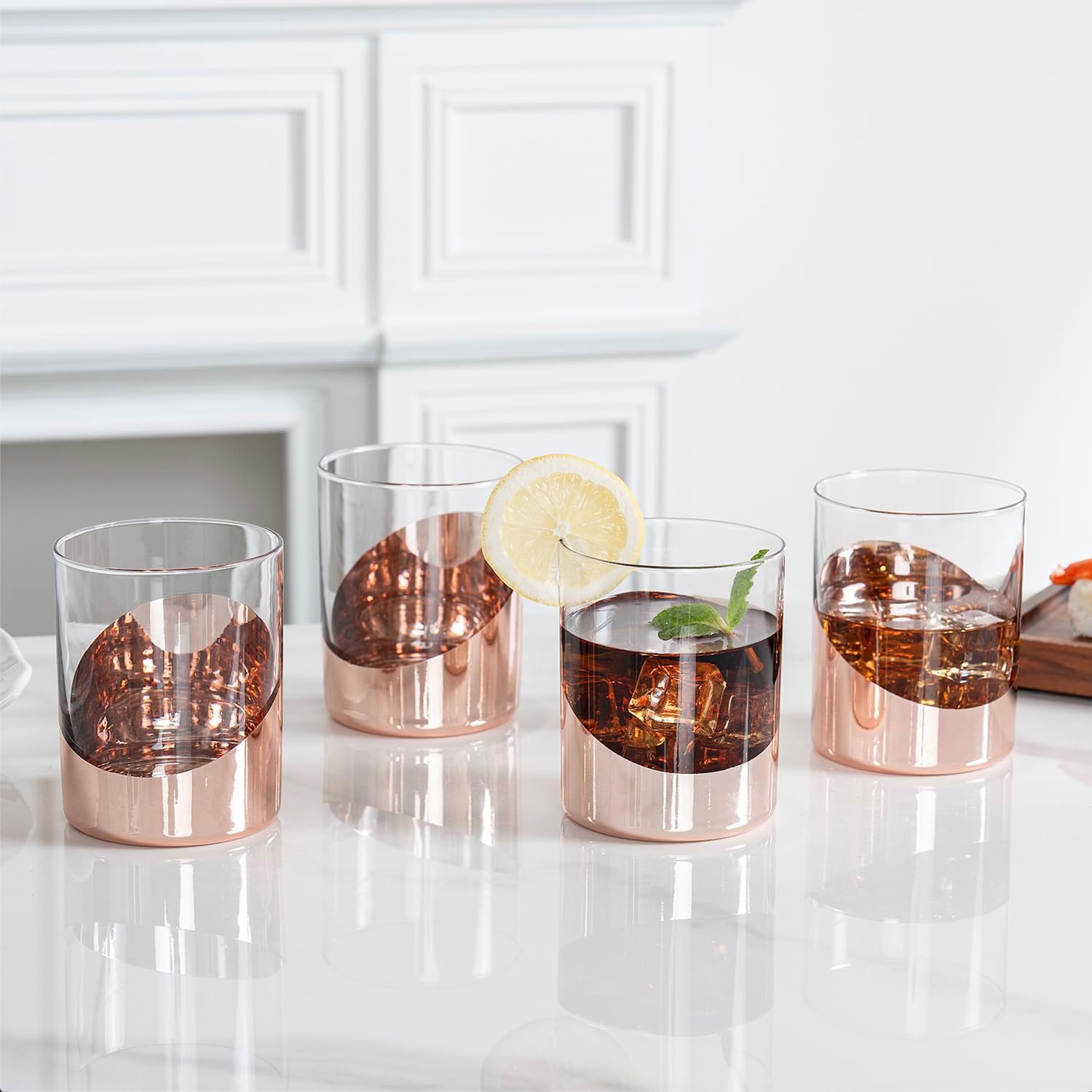 MyGift 12 oz Modern Cocktail Glasses with Slanted Metallic Copper Tone Plated Bottom, Angled Dipped Design Double Old Fashioned Lowball Whiskey Rocks Drinking Glass (Copper, Set of 6) - Image 3