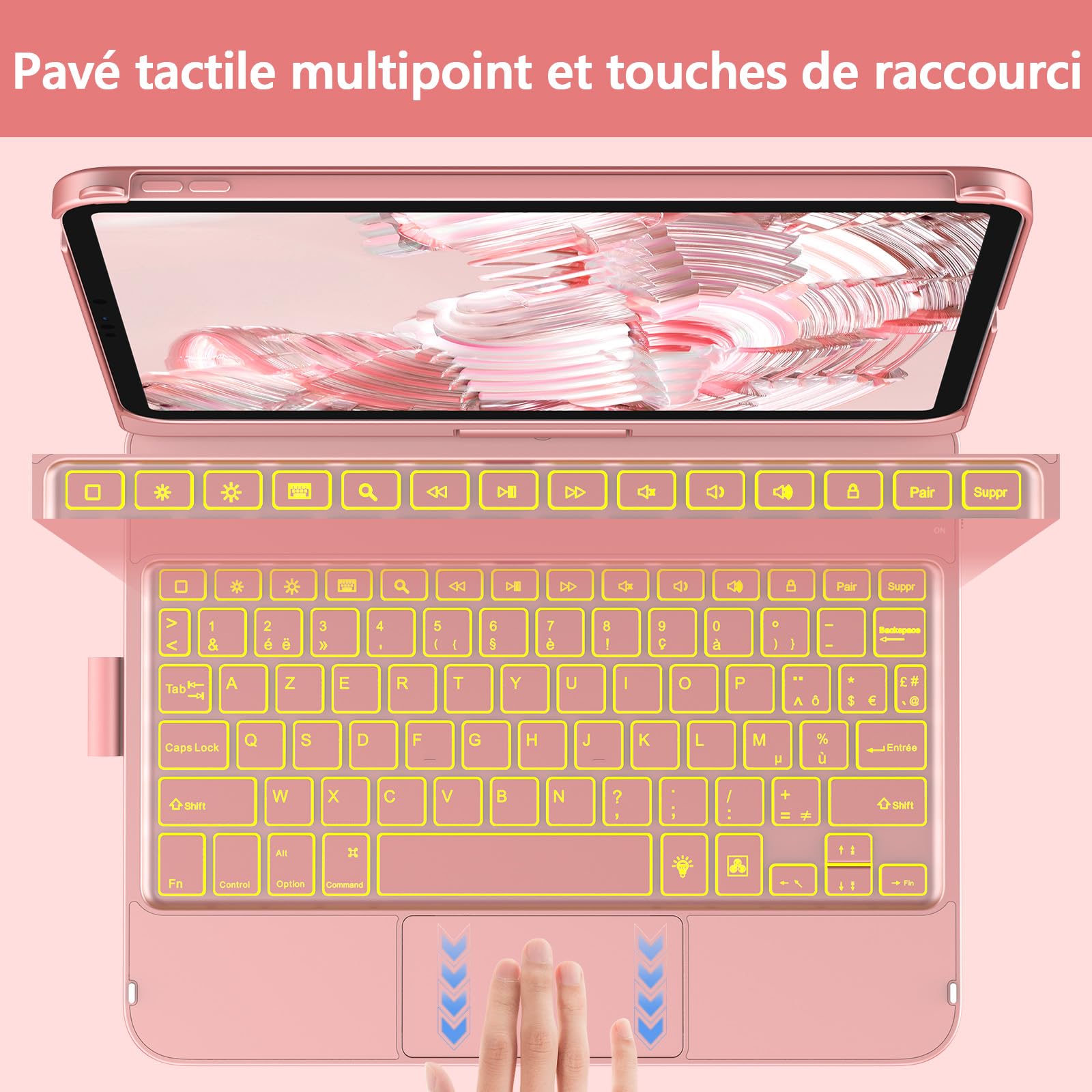 KBCASE Clavier pour iPad A16 11/10 Ème Generation avec Pavé Tactile (11 Pouces 2025/10.9 Pouces 2022), 360° Rotatif, 7 Couleurs Rétroéclairées avec Porte Crayon, AZERTY pour iPad 10eme/11eme, Or Rose