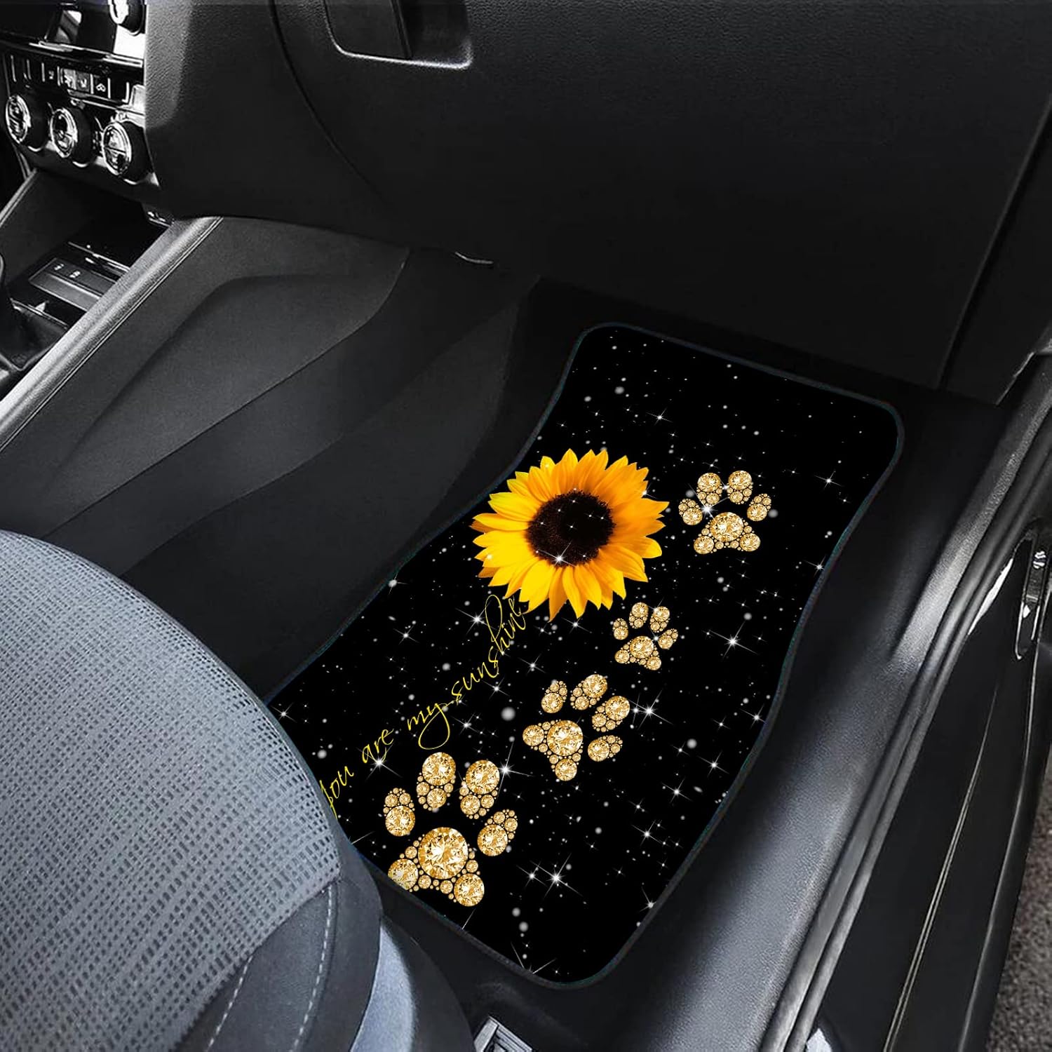 Howilath Sunflowers Gold Dog Paw Print 4 Pcs Auto Floor Mat Car Front & Back Floor Carpet Non Slip Anti Dirty Foot Pad Rug Automotive Rose Accessories