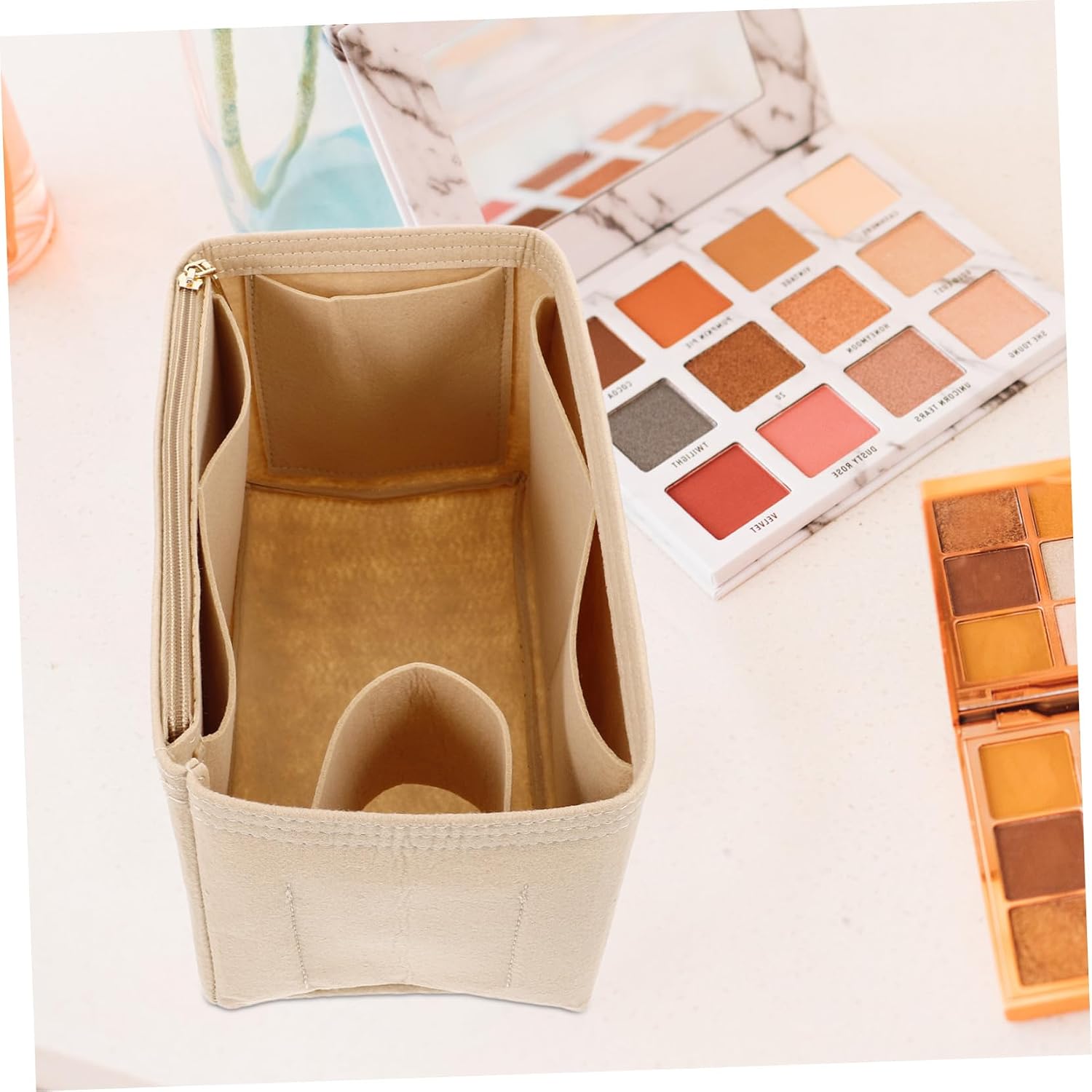 Felt Makeup Bag Organizer Insert for Purse, Khaki Compartment Liner image 4