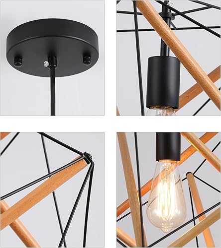 Miniatura 8 de AMZASA Lámpara colgante geométrica negra Art Deco de metal y madera, moderna lámpara industrial para comedor, cocina, isla, centro de artes, estudio