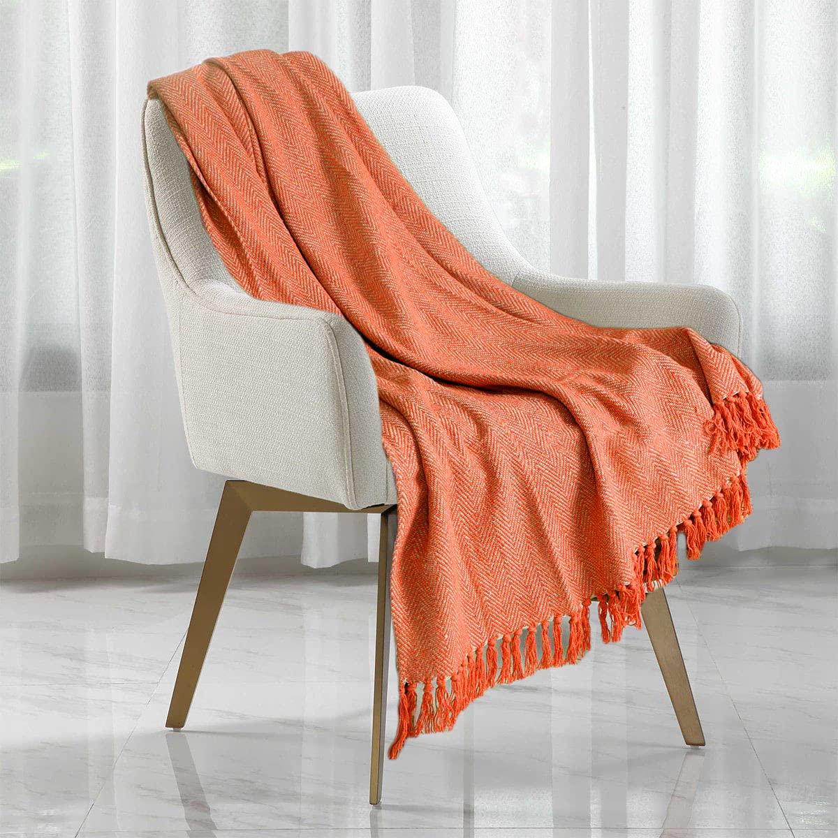 Herringbone Throw for Sofa and Bed, Large 3 Seater Sofa Cover, Single and Double King Size Bed Blanket, Orange Throw Single (178cms x 254cms)