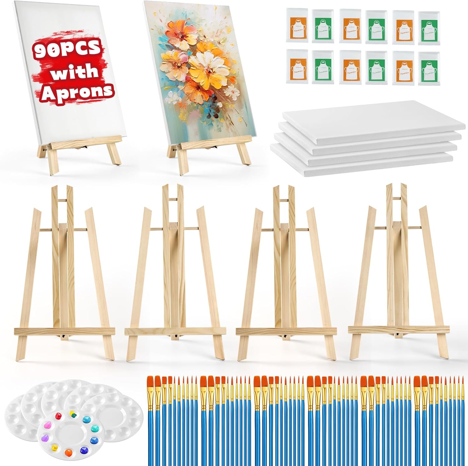 Painting Supplies 90 Pcs Paint and Sip Kit(6*Easels+6*Canvases+6 * 10 Brushes+12 Aprons+6*Palettes) Canvas& Easel for Painting,Couples Painting Kit, Painting Set for Kids,Adult,Paint Party,Class...