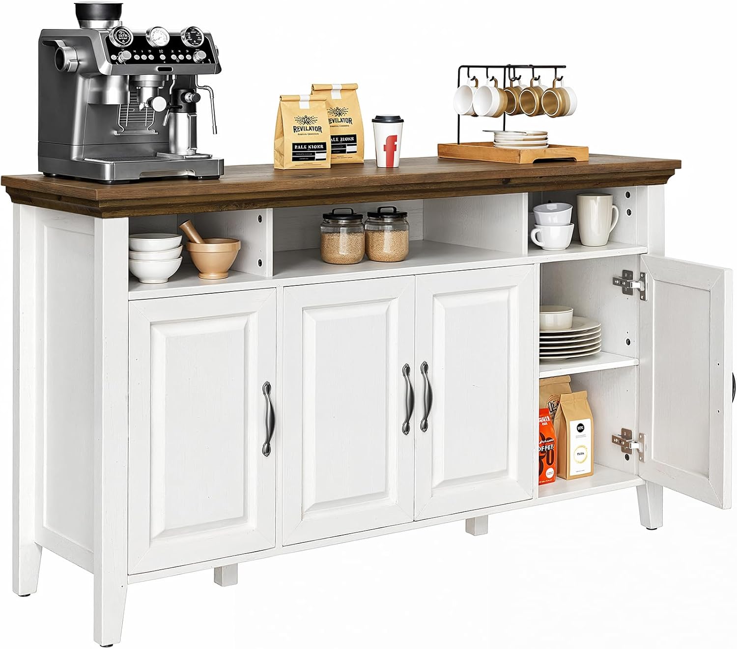 Amada Buffet Cabinet with Storage, 55" Large Sideboard Storage Cabinet with Adjustable Shelves, 4 Doors, Modern Farmhouse Coffee Bar Cabinet