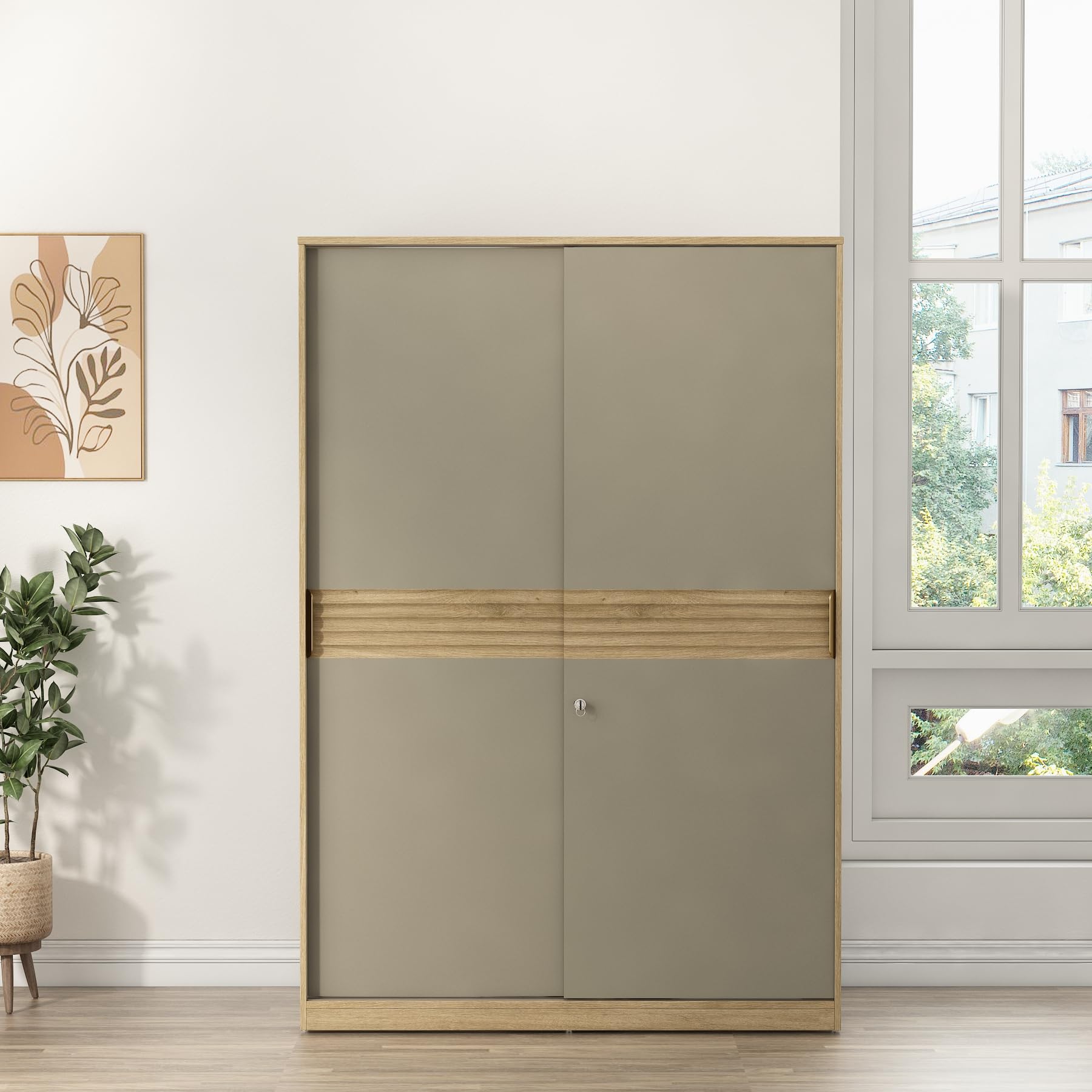 Spacewood Olivra 2 Door Sliding Wardrobe | Santana Oak & Modern Ash Finish | Engineered Wood Almirah with Multiple Shelf & 1 Hanging Spaces | Bedroom Cupboard Almari | 3-Year Warranty-image-34