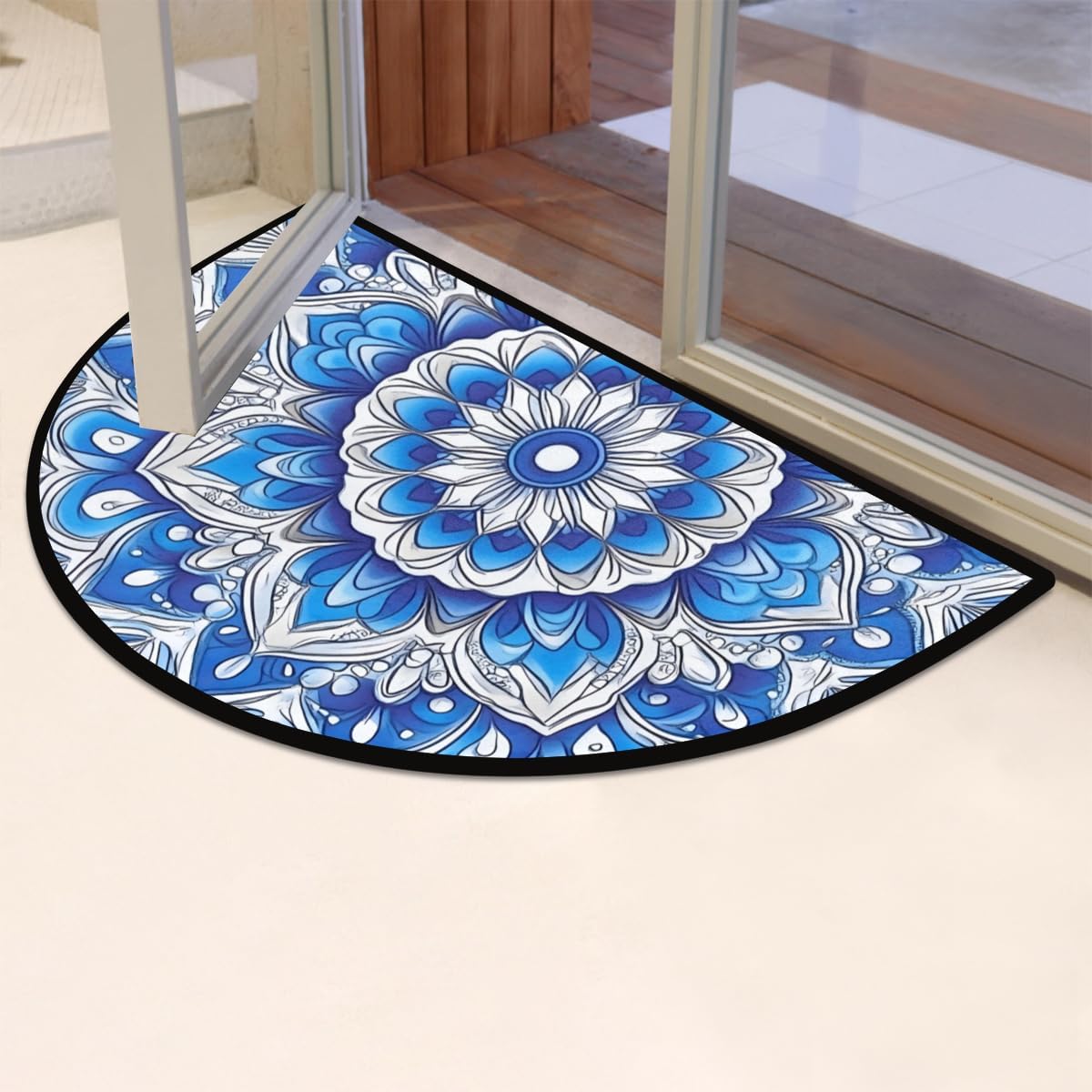 cfpolar Non-Slip Soft Half Round Door Mat, Bohemian Mandala Blue Semicircle Mat for Indoor Entrance Garage Bath Living Room Patio 24 x 36 in