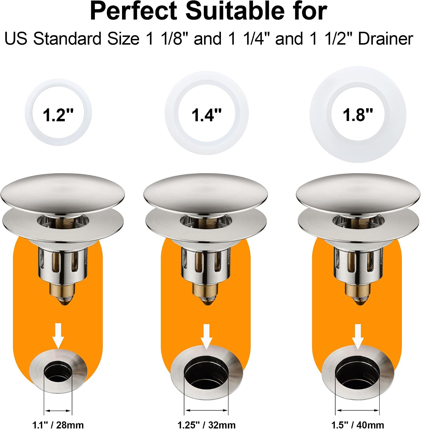 TIORIY Universal Bathroom Sink Stopper - Upgraded Wash Basin Bounce Core Push Type Drain Filter, for1 1/8~1 1/4" Standard Drain Holes, Pop Up Sink Drain Plug, Brushed Nickel