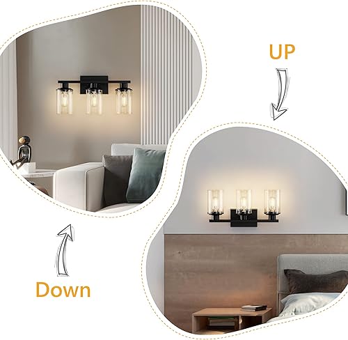 Miniatura 6 de RyaHQ Lámpara de pared para baño, 3 luces para tocador de baño, aplique de pared, color negro