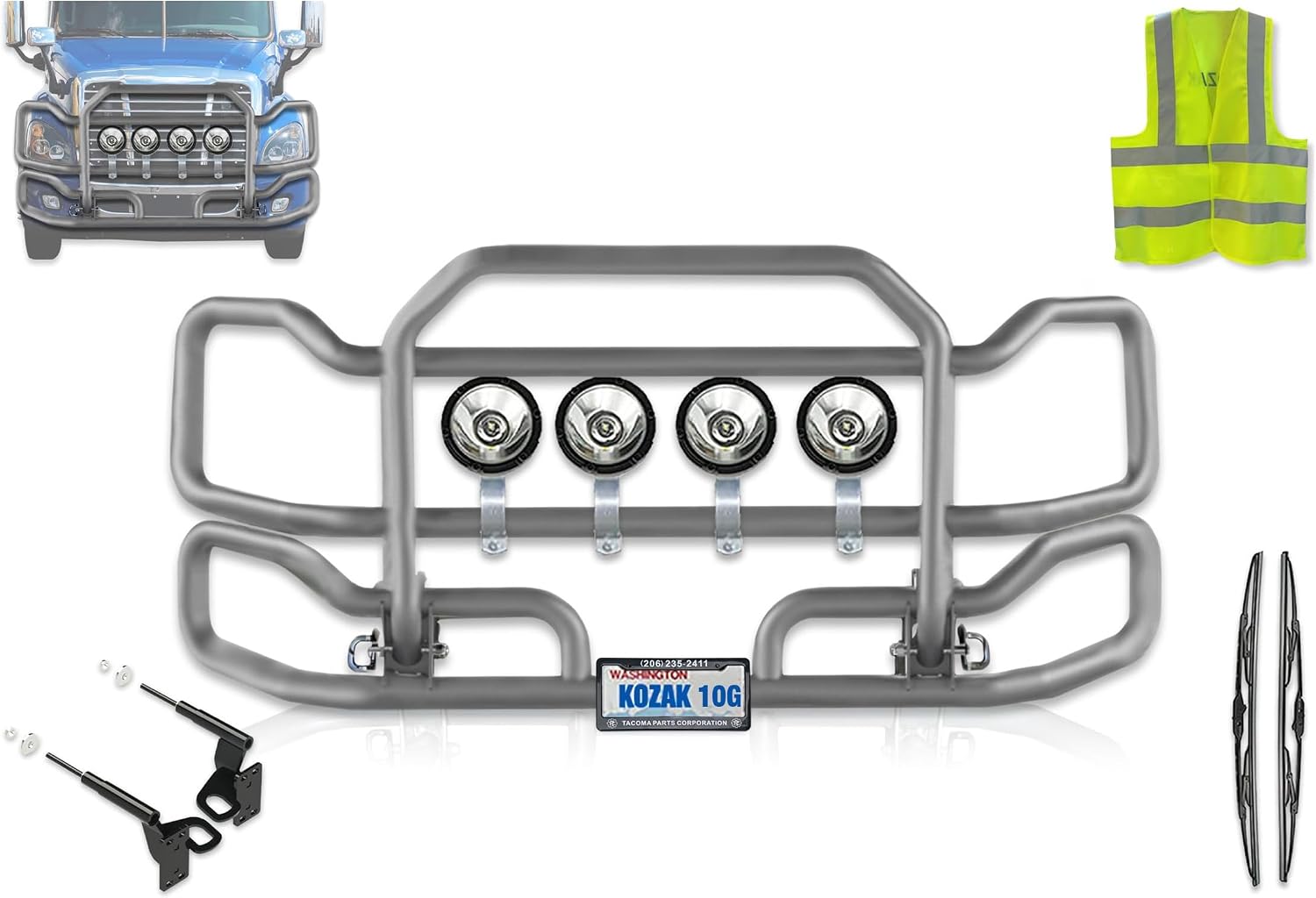 Front Gray Grille Deer Moose Brush Bumper Guard Large Compatible with Freightliner Cascadia 2008-2017 PLUS Bracket, Logo, 4x 6" Round LED Headlights, Wipers, License Plate Holder and Frame, Vest