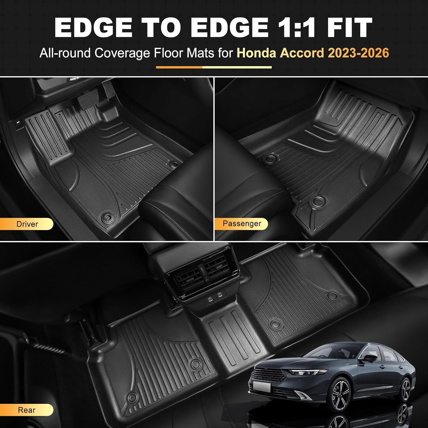 All Weather Floor Mats and Cargo Liner Fit for Honda Accord Sedan 2023-2026 Include Hybrid, Custom Fit Floor Liners and Cargo Mat, Full Set 1st and 2nd Row and Trunk Mat Black