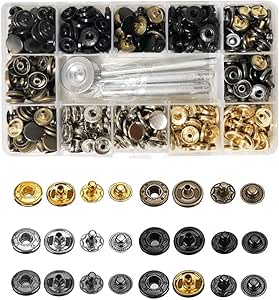 Daymi 120 set tryckknappar i koppar, metall, brons, för kläder, knäppknapp med fixeringsverktygssats, för läder, hantverk, jacka, plånbok, handväska (6 färger, 12 mm)