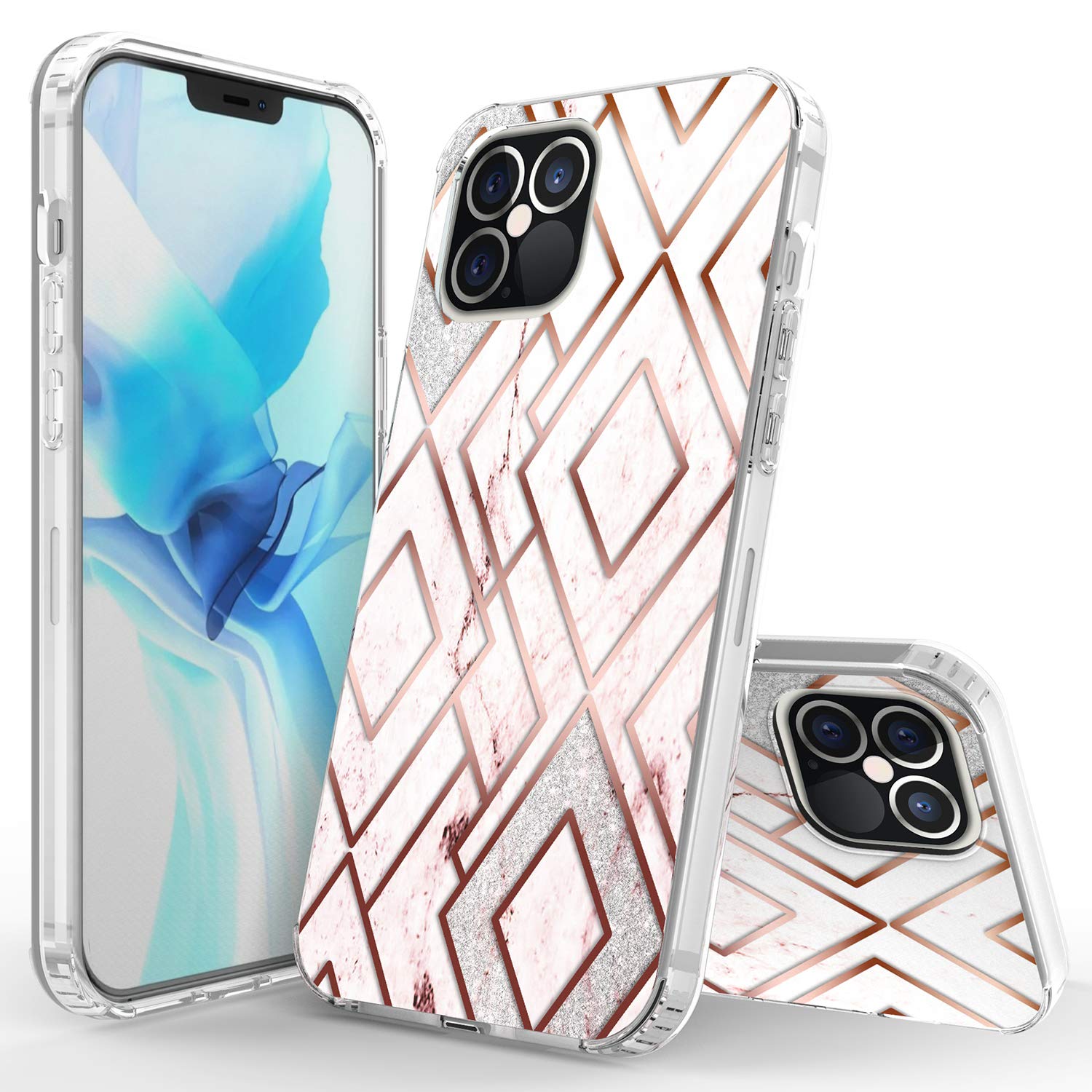 iPhone 12 6.7" Case, Sofer Bling Glitter Sparkle Diamond Rhombus Marble Graphic Fashion Cute Colorful Skin Cover Shockproof Case for iPhone 12 6.7"