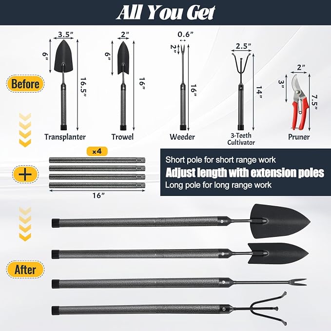 Set de herramientas de jardinería 5 piezas con mango extendido miniatura 3