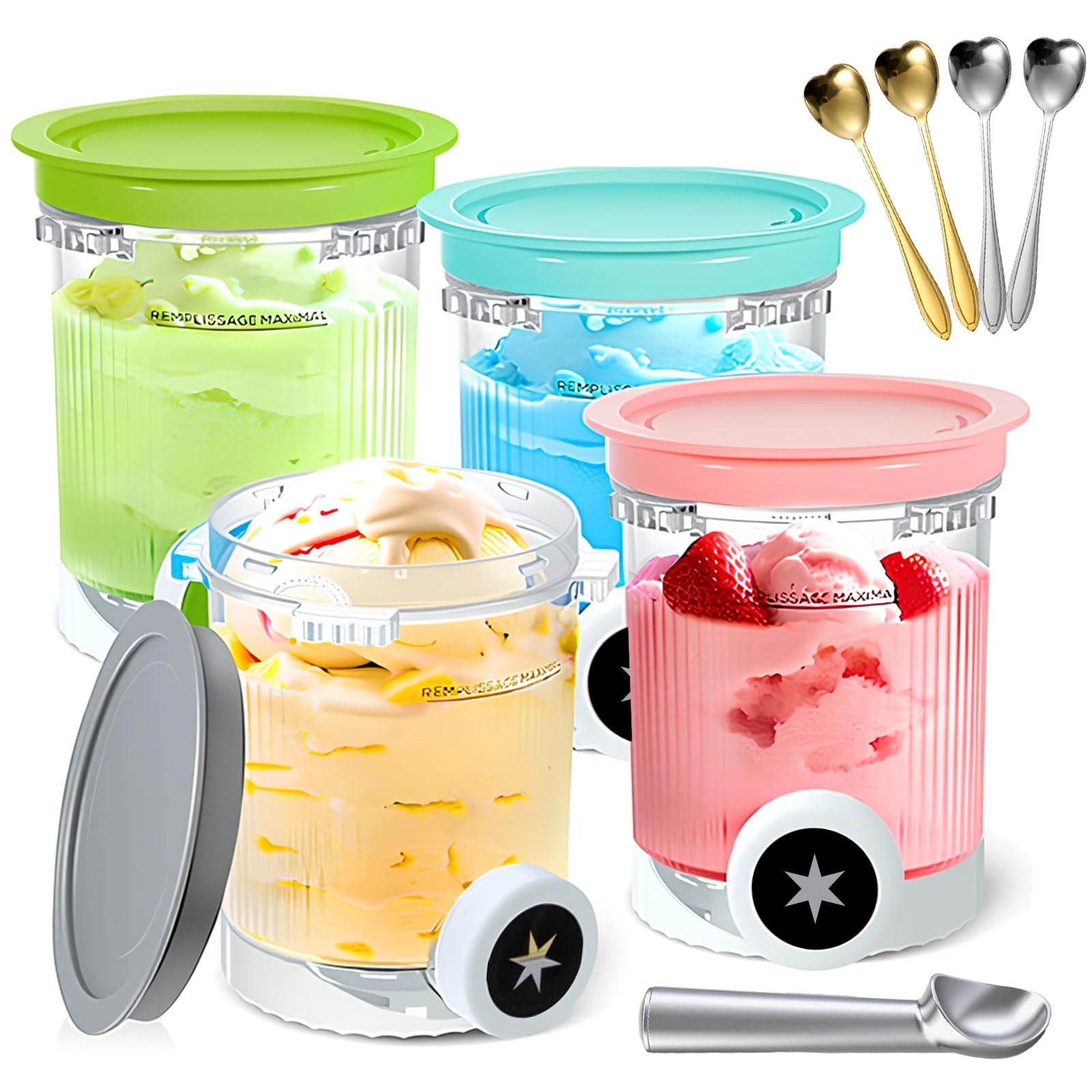 HYZCXPL 4 Pack Ice Cream Pints and Lids for Ninja CREAMi NC701UK NC700UK NC701 Series, Includes 4 Tubs, Lids, 4 Spoons & Ice Cream Scoop, BPA-Free Dishwasher Safe