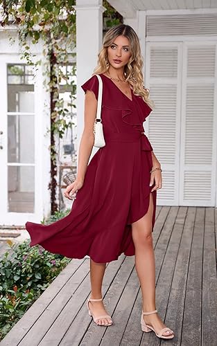 Miniatura 7 de PRETTYGARDEN Vestido largo de verano para mujer casual bohemio cuello en V profundo manga corta dobladillo con volantes dividido para playa