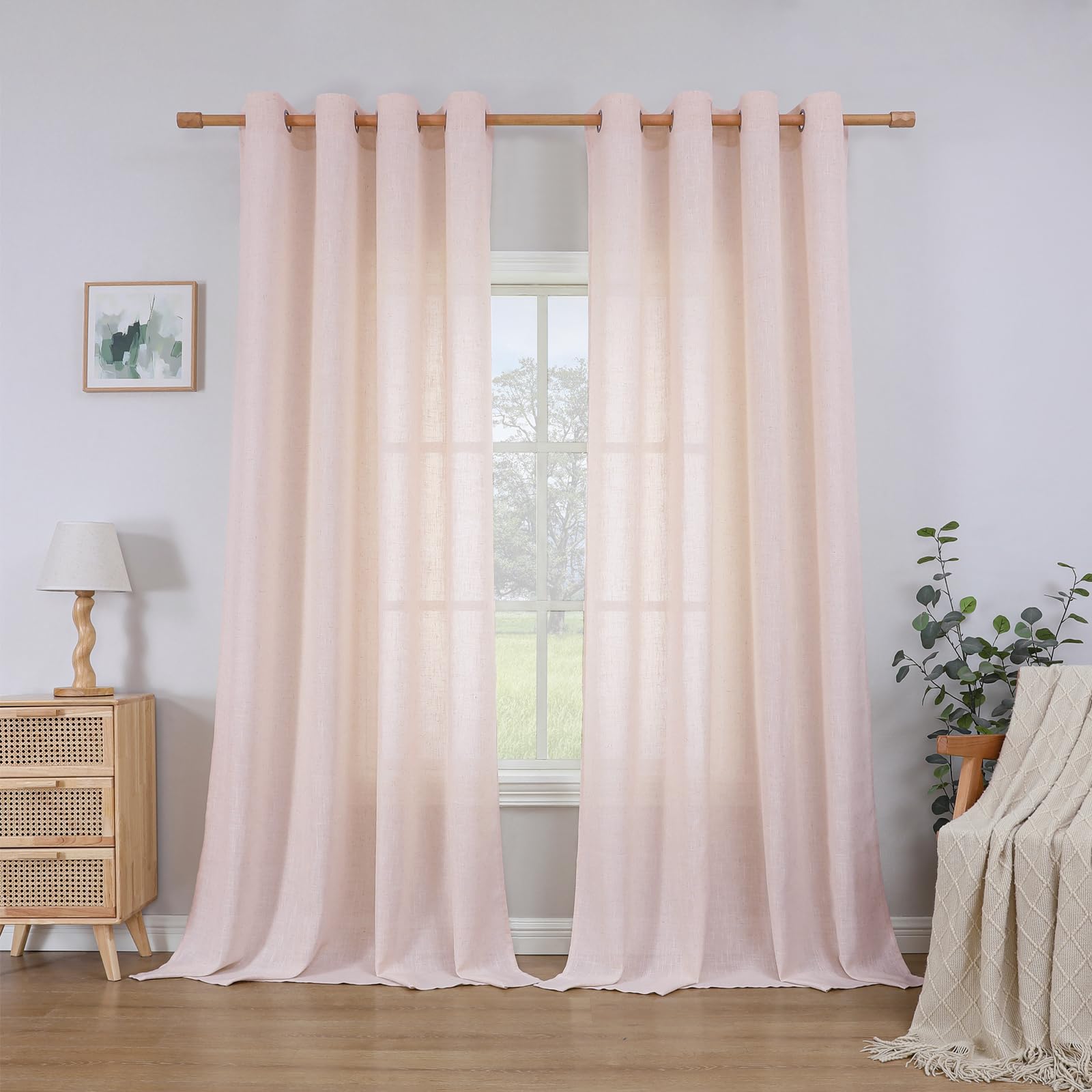 CUCRAF Rideau avec Oeillets Voilage Lin Semi-Transparent, Vieux Rose 140x245cm Lot de 2