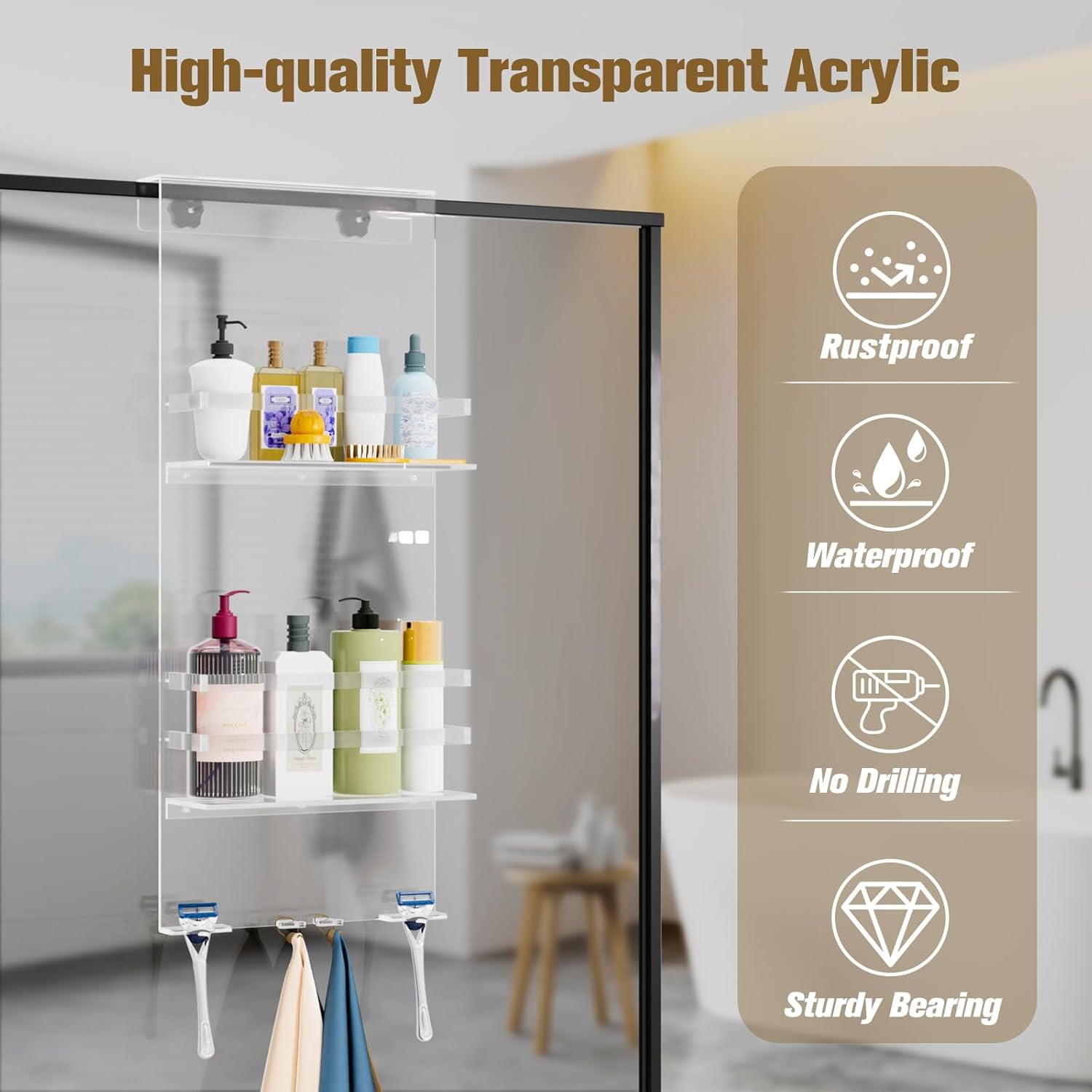 Nynelly Over The Door Shower Caddy, Acrylic Shower Caddy Shelf with Hooks, No Drilling Adjustable Hanging Shower Organizer for Bathroom Storage, Body Wash Shampoo Holder