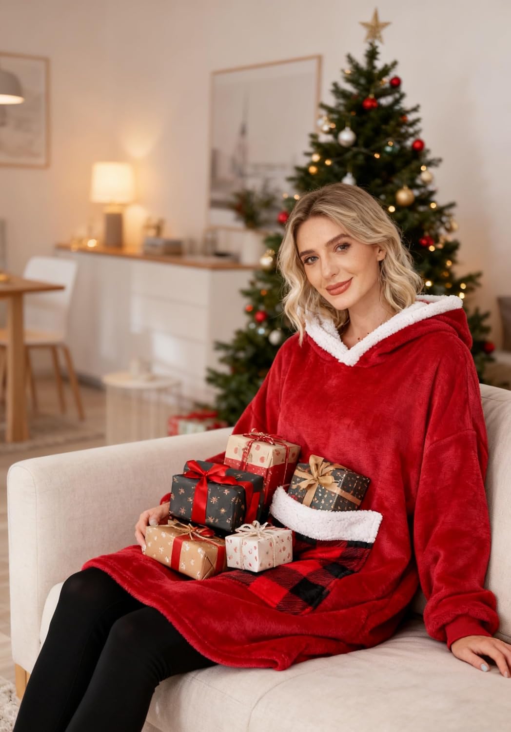 Wearable Blanket Hoodie with Giant Pocket, Soft Warm Sherpa Fleece Oversized Blanket Sweatshirt Gifts for Women Men - Image 4