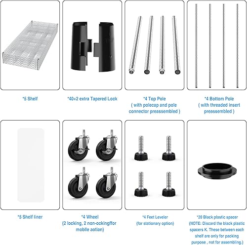 Miniatura 14 de Estantería de alambre de metal NSF de 5 niveles con capacidad de 7500 libras, estante de almacenamiento ajustable resistente con ruedas y Negro
