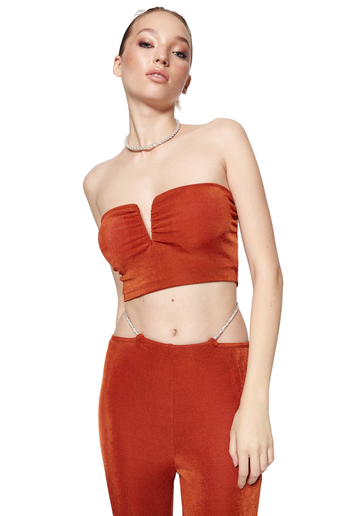 Trendyol Women Fitted Basic Strapless Knit Blouse,Cinnamon,36