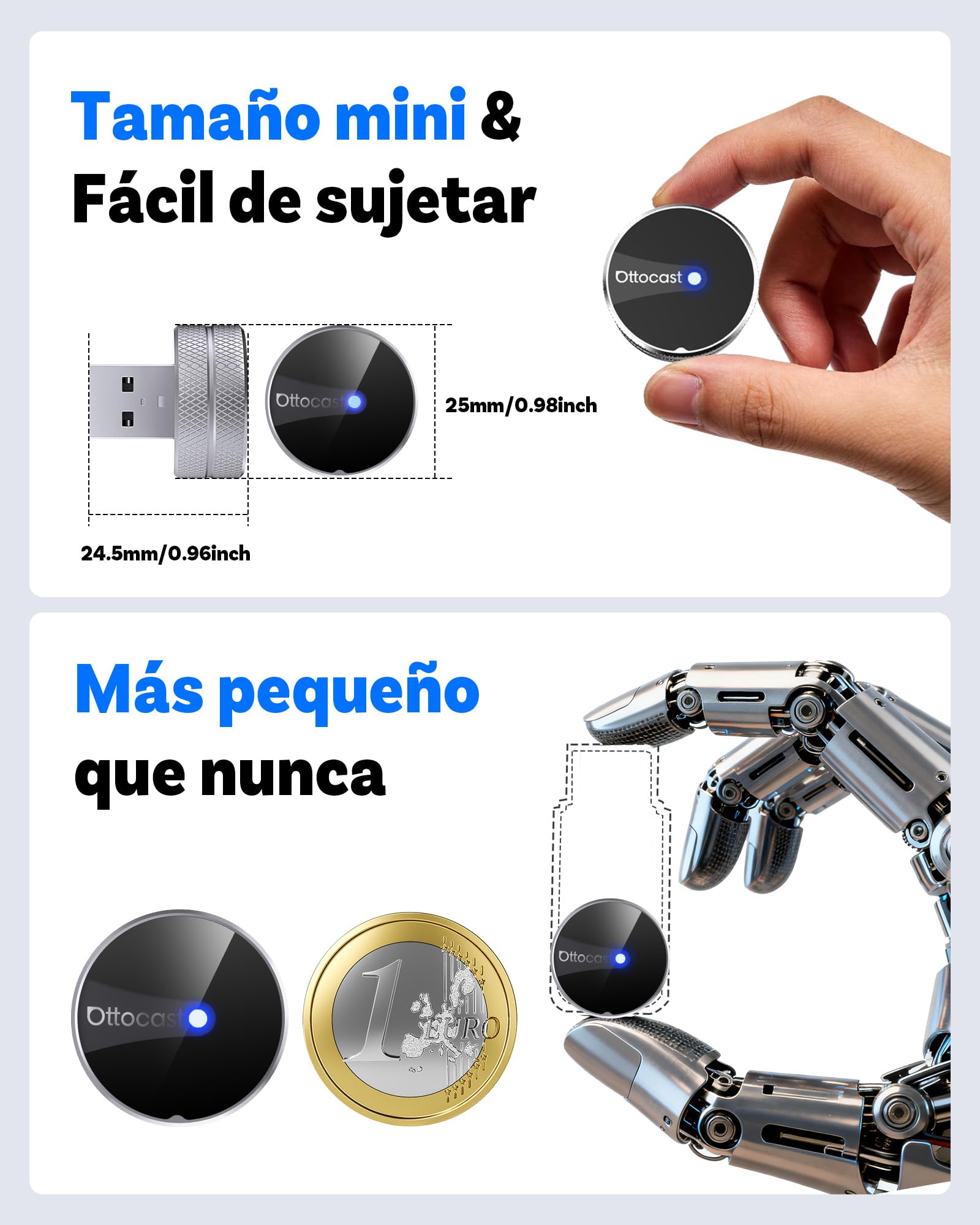 OTTOCAST Mini Tube 2026 Adaptador CarPlay Android Auto Inalámbrico para iOS 10+/Android 11+, Compatible con 99% Vehículos Desde 2016, Conexión Rápida 5-8s, USB-A/C, OTA (Excepto BMW/Tesla)