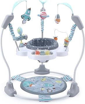 LADIDA Stationary Jumper Jumperoo Baby Activity Centre with Interactive Toys- 360  Rotating Seat, Musical Toys, and Adjustable Heights Space Tour Grey